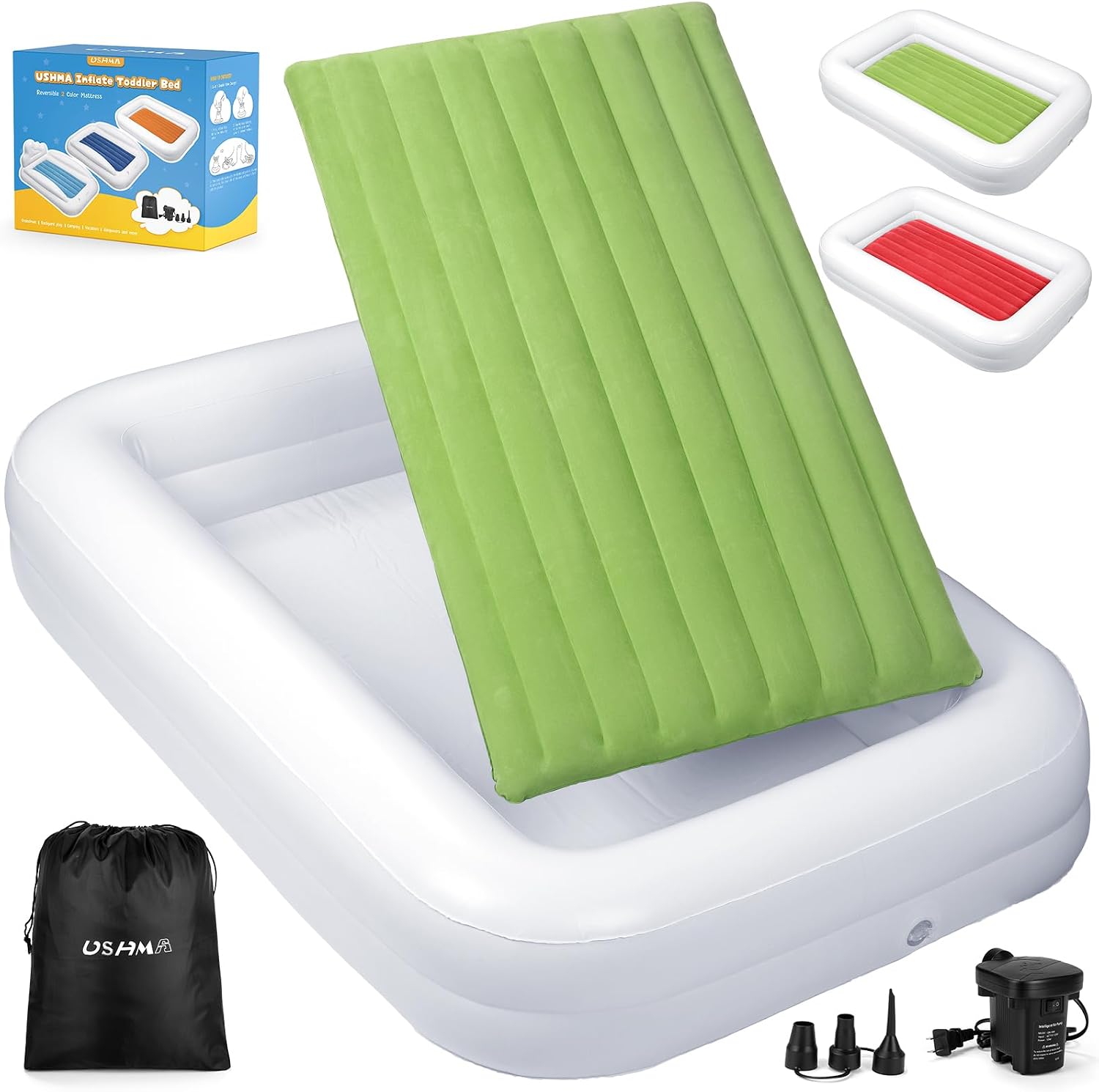 USHMA Toddler Travel Bed [4-Side] | Reversible 2 Colors Kids Air Mattress | Inflatable Toddler Bed | Portable Kids Blow Up Travel Bed with Sides, Red & Green