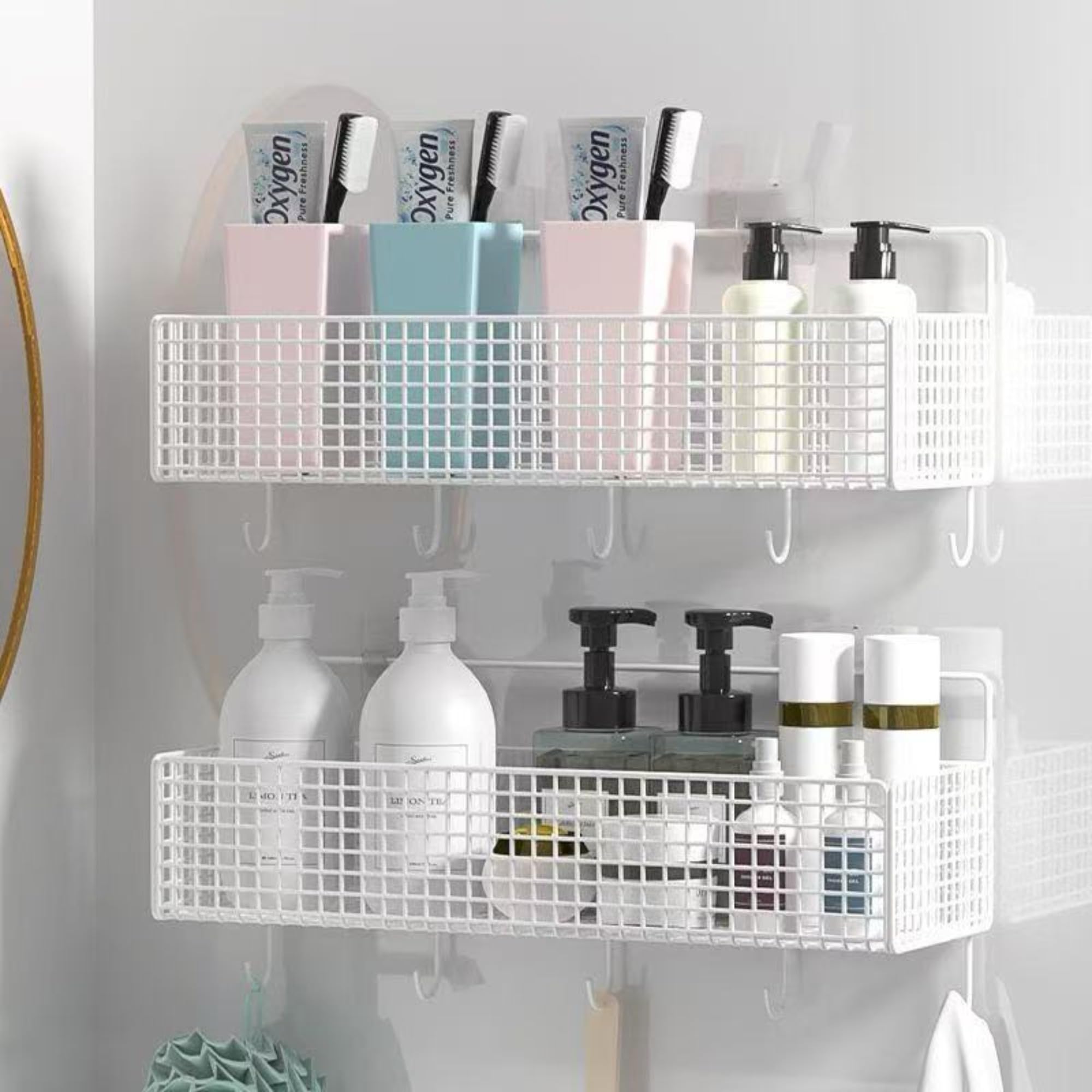 YICKHEWEN 2 Pack Hanging Wall Wire Baskets,Metal Wire Storage Bin Rack for Kitchen Bathroom Shower Spice Shelf (White)