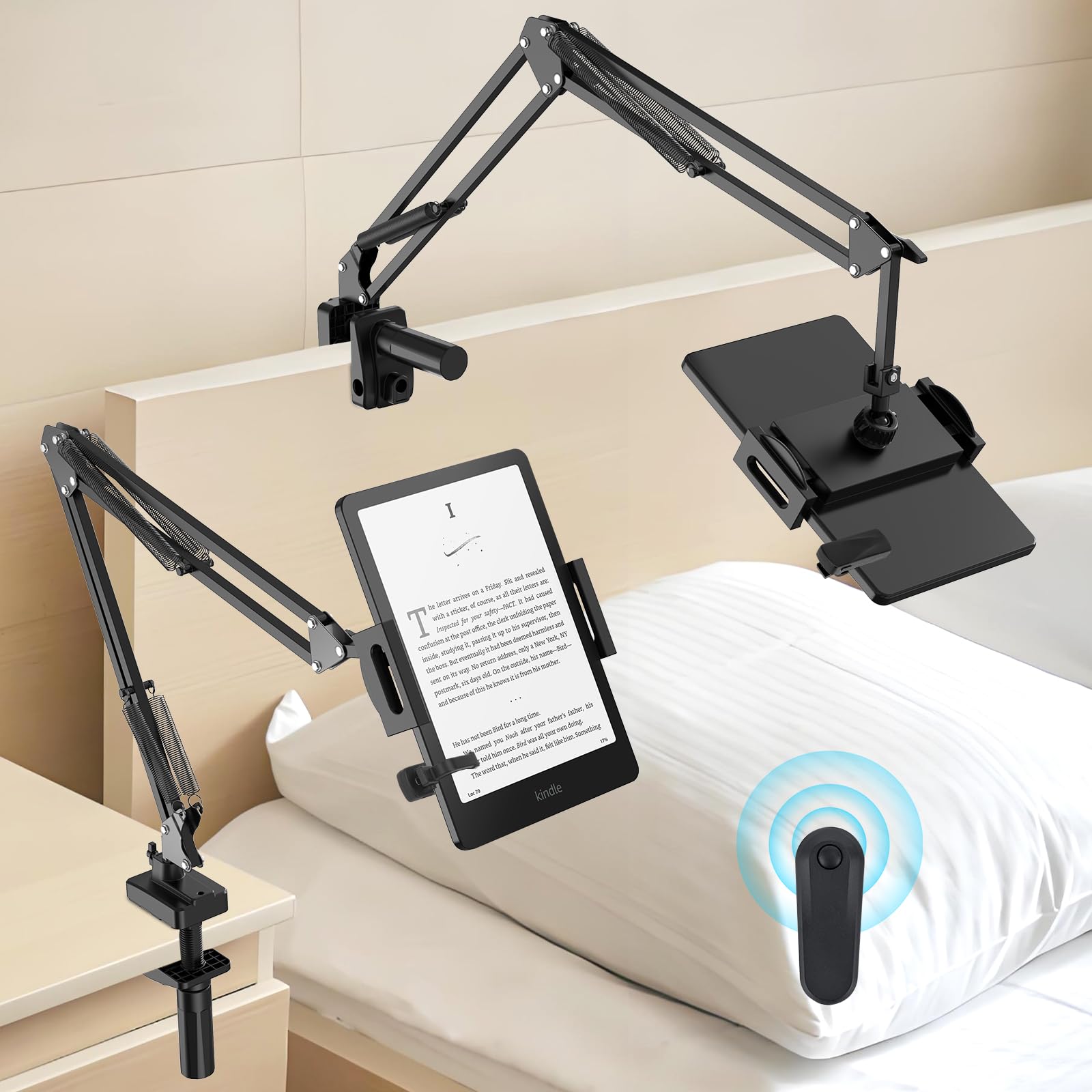 Remote Page Turner Holder For Kindle: Bed Reading Clamp Book Stand For Cell Phone Ipad Tablet Arm Desk Mount Clip For Kindle Paperwhite And Colorsoft Accessories Gifts For Readers (Five hole base)