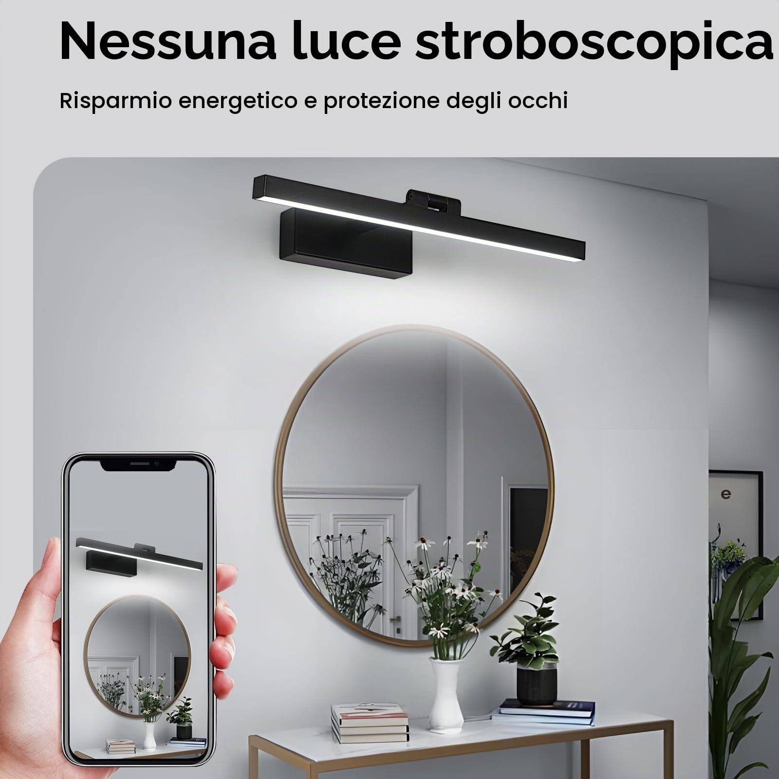 Comely LED Lampada da Specchio Bagno, 9W Luce Specchio LED Nero | 1100LM Specchio Armadio Lampada da Bagno 40 cm per Illuminazione Trucco o del Guardaroba, Bianco Freddo 6500K