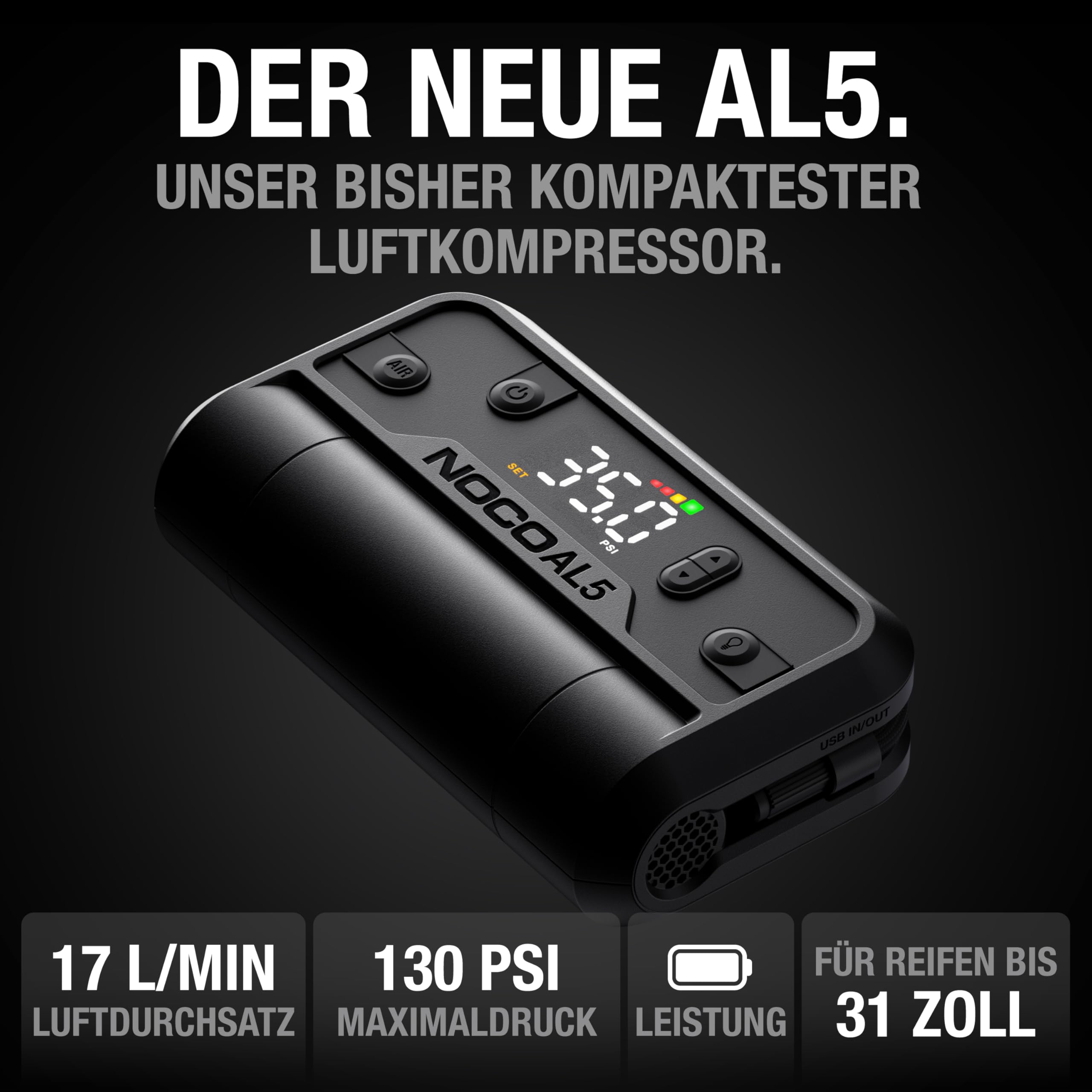 NOCO Air AL5: UltraSchnelle 5A Akku-Luftpumpe – Tragbarer Akku-Kompressor – 17 SLPM Luftstrom, 0–40 PSI in 7 Min – Digitales Manometer + automatische Abschaltung