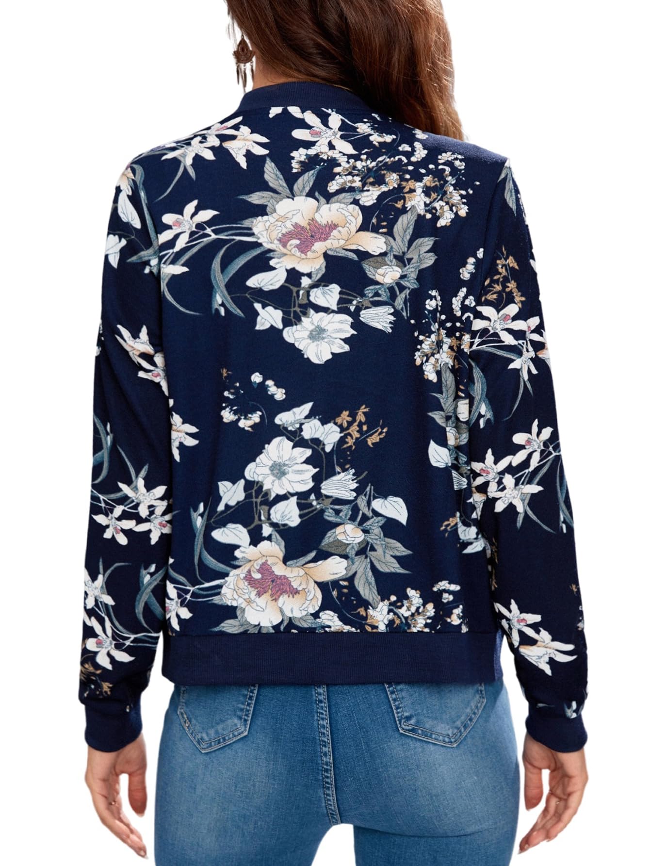 GORGLITTER Chaqueta elegante para mujer, chaqueta bomber de manga larga, con estampado de flores, cuello redondo, chaqueta informal con cremallera