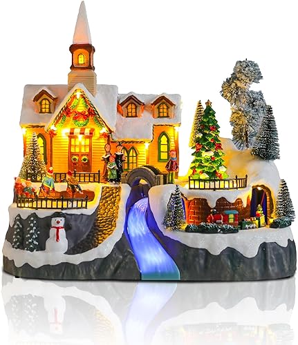Casa de pueblo de Navidad, edificios coleccionables de Navidad, tren de iglesia, muñeco de nieve, niños, patinaje con luces LED, aldea de vacaciones