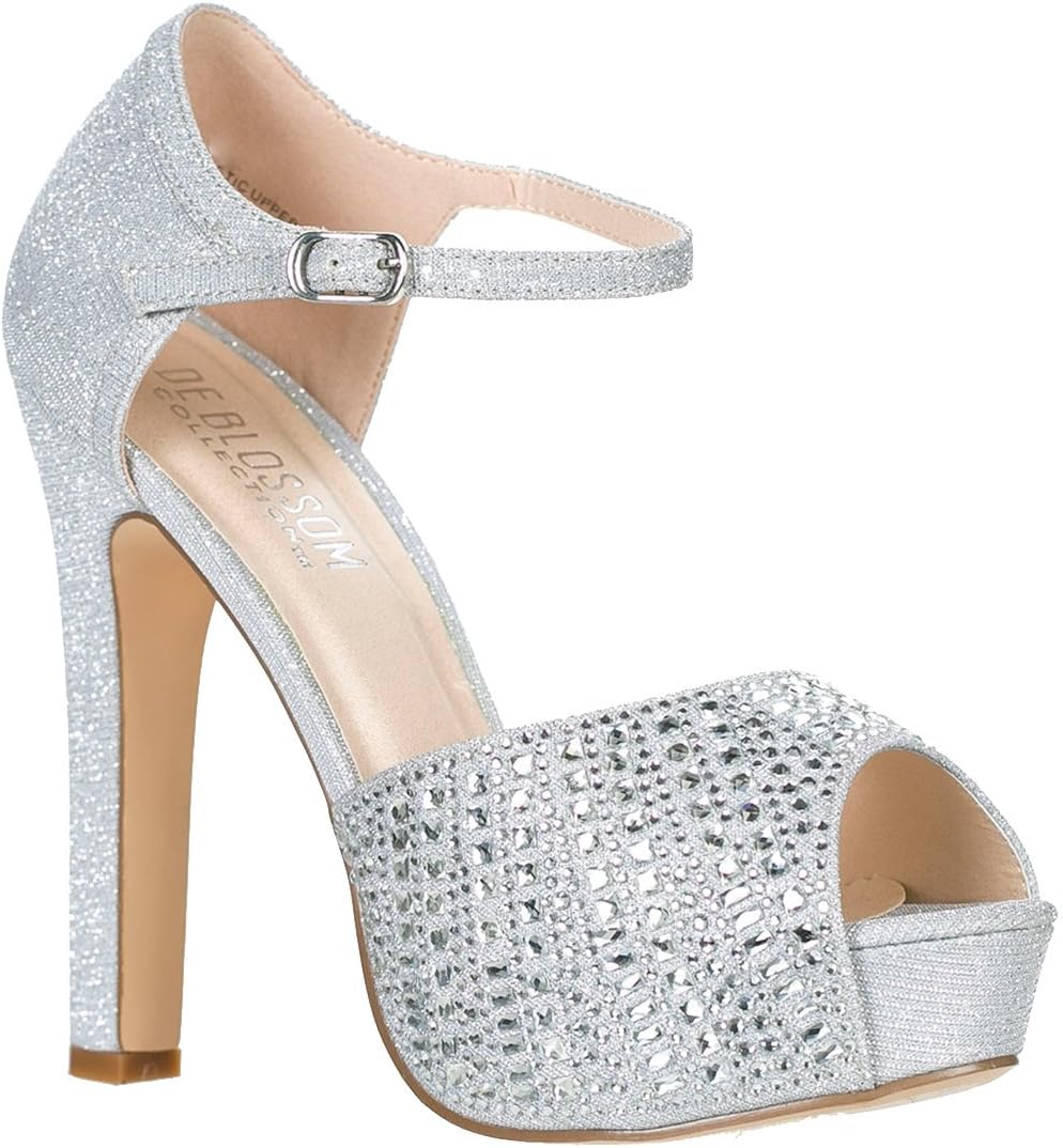 Blossom Womens Wedding Bridal Formal Ankle Strap High Heel Glitter Sandal Shoes