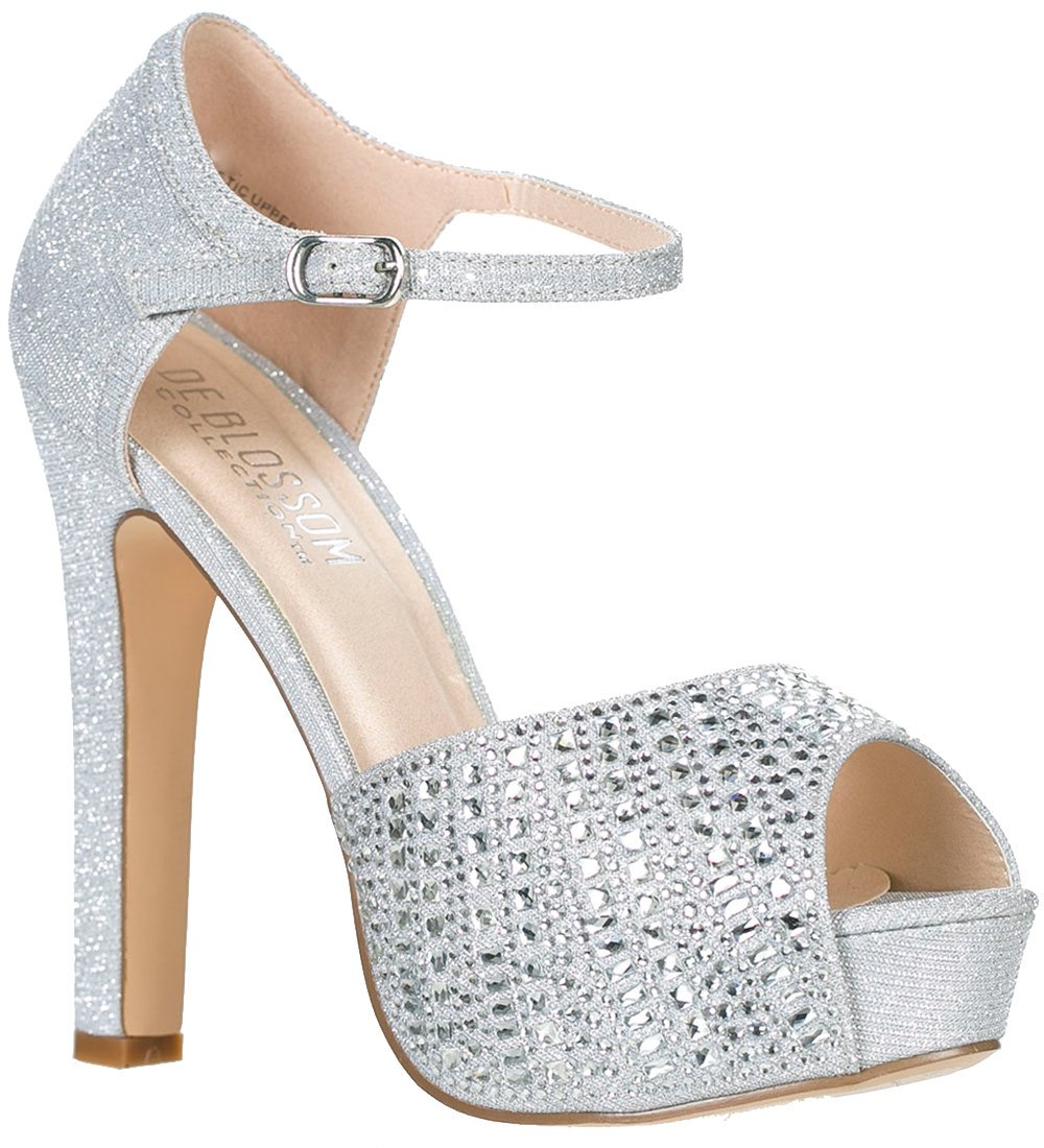 Blossom Womens Wedding Bridal Formal Ankle Strap High Heel Glitter Sandal Shoes