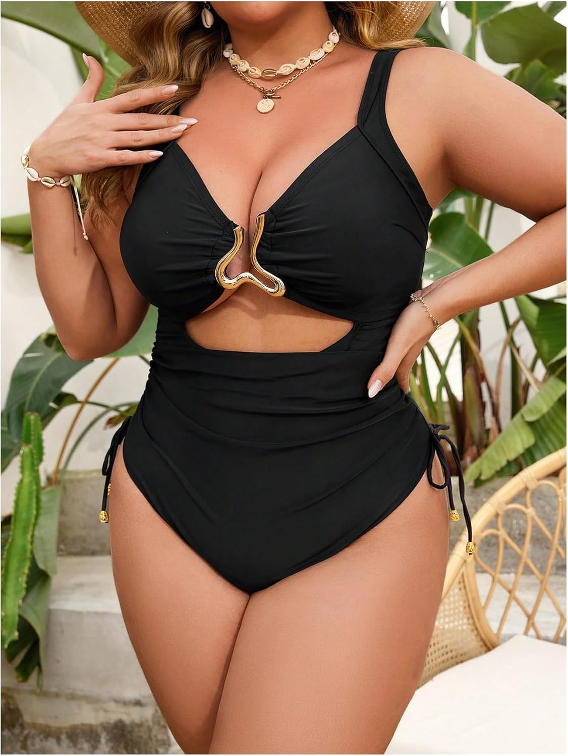 Floerns Women's Plus Size One Piece Swimsuit Cut Out High Waisted Drawstring Monokini Bathing Suit
