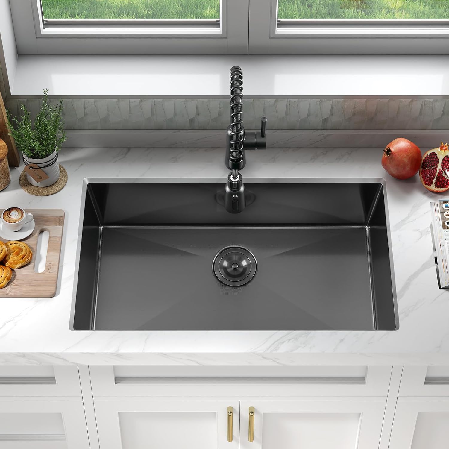 ATTOP 32 Inch Black Large Single Bowl Undermount Kitchen Sink,32x18 Inch Nano Black Stainless Steel Handmade Undermount Single Bowl Kitchen Sink