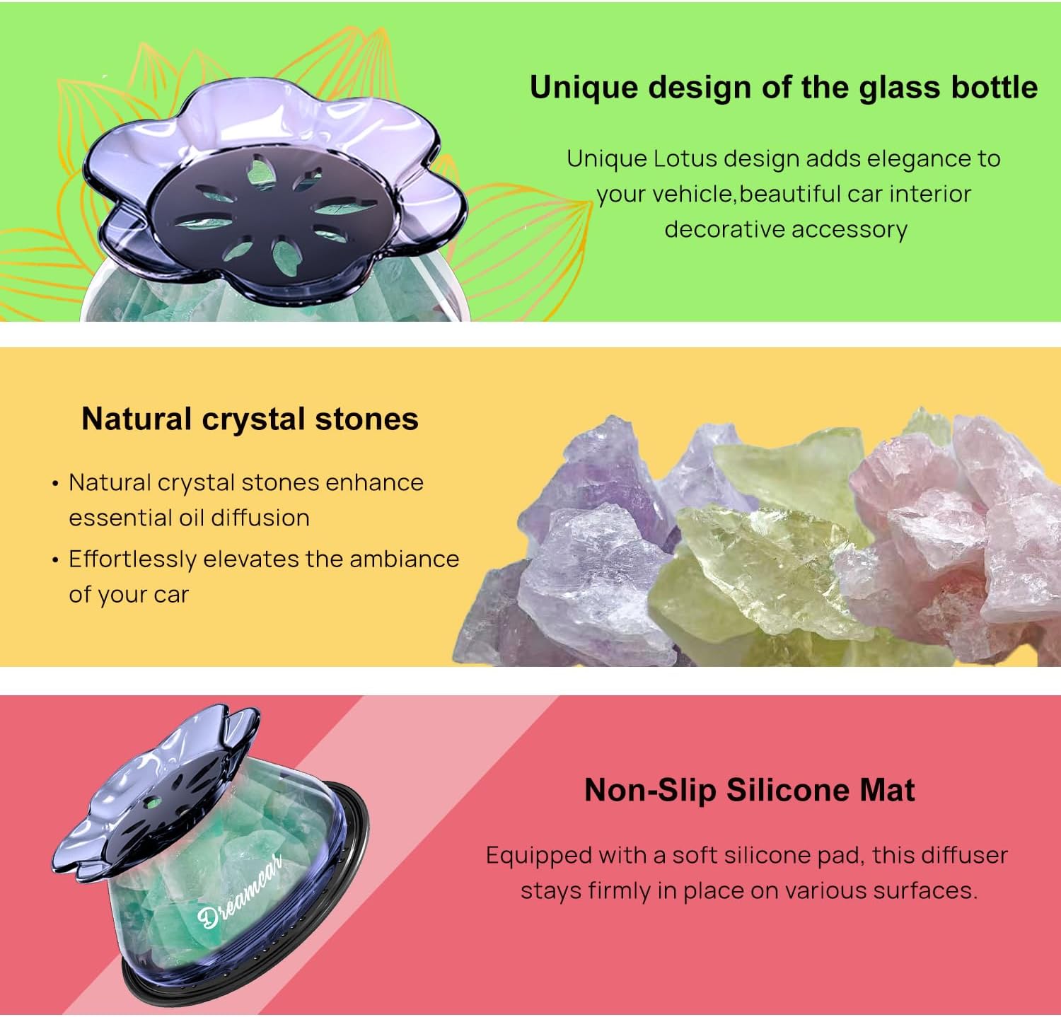 Glass Essential Oil Diffuser Bottle with Natural Crystal Stone Passive Aromatherapy Diffusers for Car Home Small Room Bathroom Living Room Hallway Desk Decorative (Green)