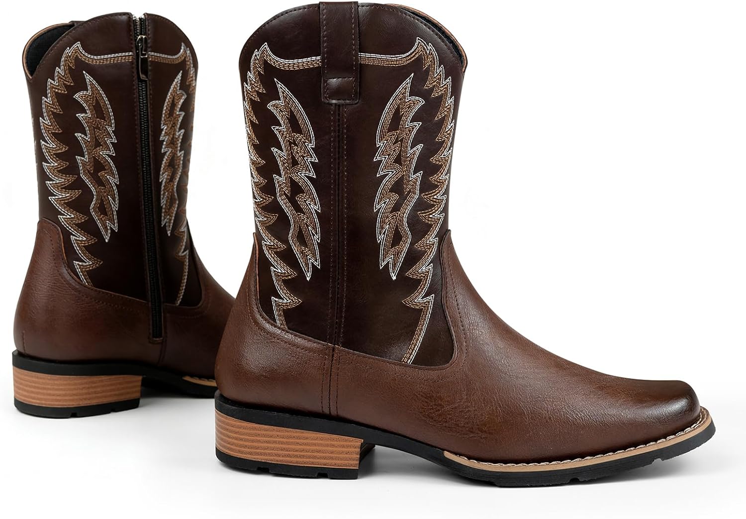 Men's Western Cowboy Boots, Square Toe Classic Embroidery With Side Zipper, Black Brown Chunky Heel Slip Resistant Durable Mid-Calf Country Work Boots for Male - Image 5