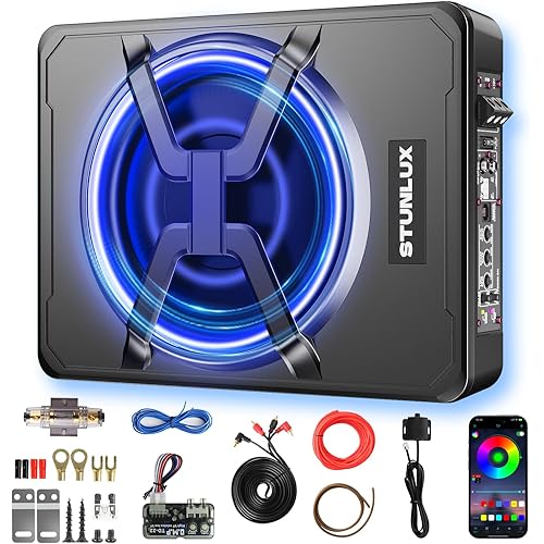 10 Inch 800W Under Seat Car Subwoofer,Full Cast Aluminum Under Seat Powered Subwoofer,Built-in Amp & APP LED Light Control,12V Universal Vehicle Subwoofer Full Installation Kit with Gift Box
