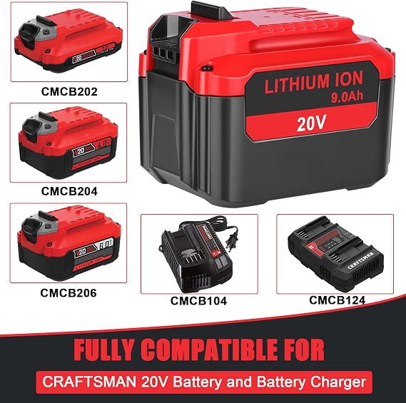 JYJZPB CMCB202 9.0Ah for Craftsman V20 Battery MAX Replacement CMCB209 Tool | Replacement Battery for Craftsman 20V Battery MAX Compatible with CMCB204 CMCB205 CMCB201 CMCB206 Series Cordless Power Tools