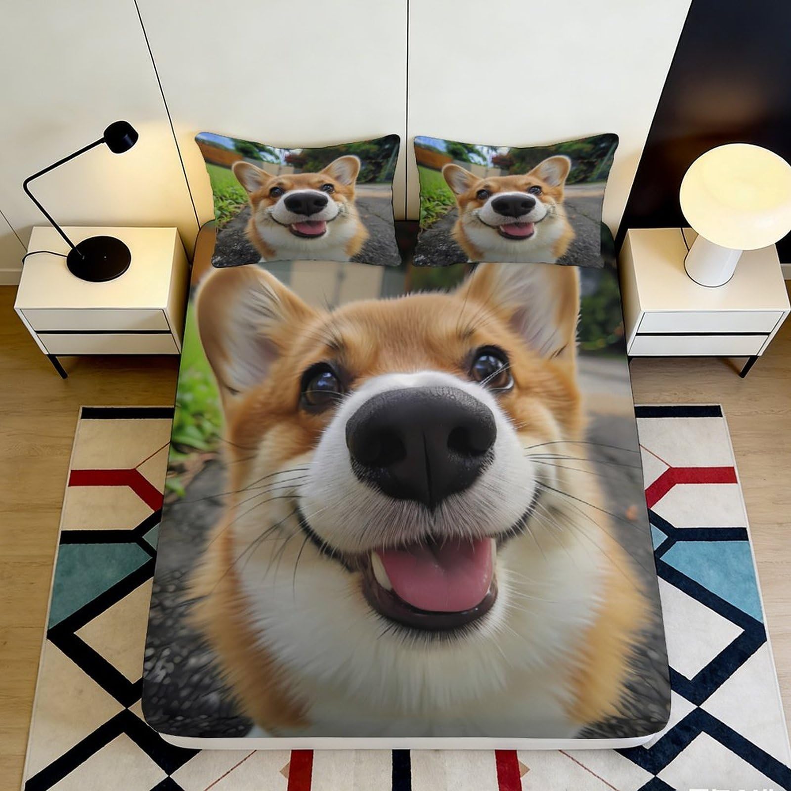 3D Printed Corgi Face Fitted Sheet Microfiber Anti-Slip Cute Dog Bed Cover for Bedroom Guest Room Easy Care Decor 140x200x25cm