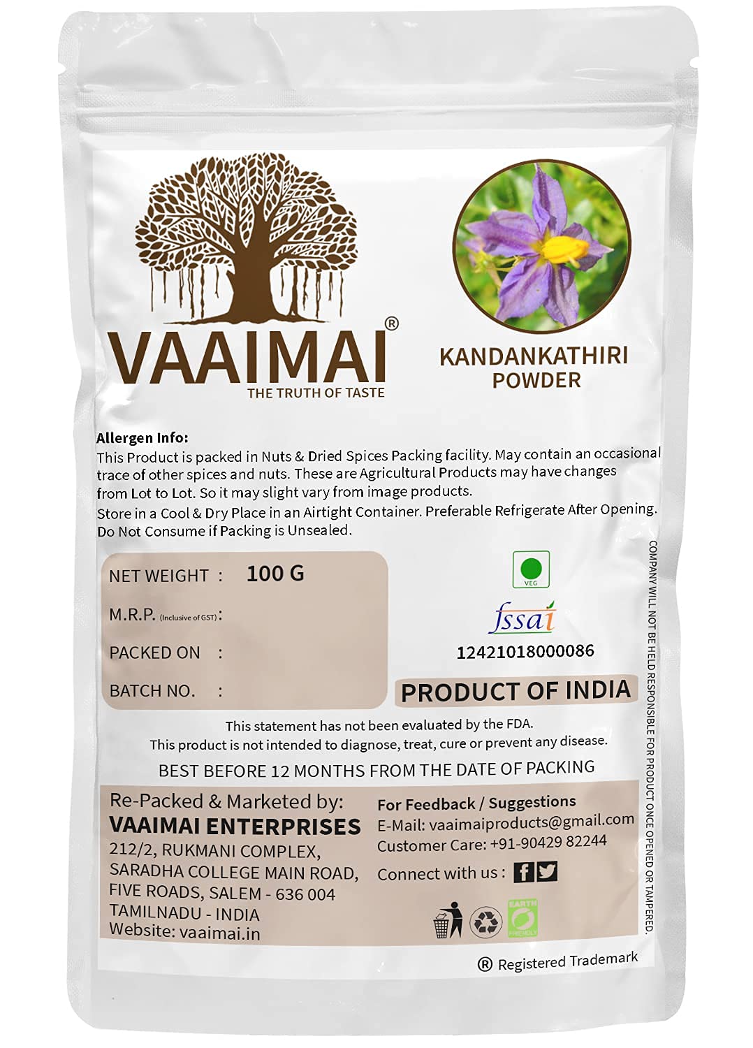 VIVA Kandankathiri Powder/Solanum Virginianum, 100g