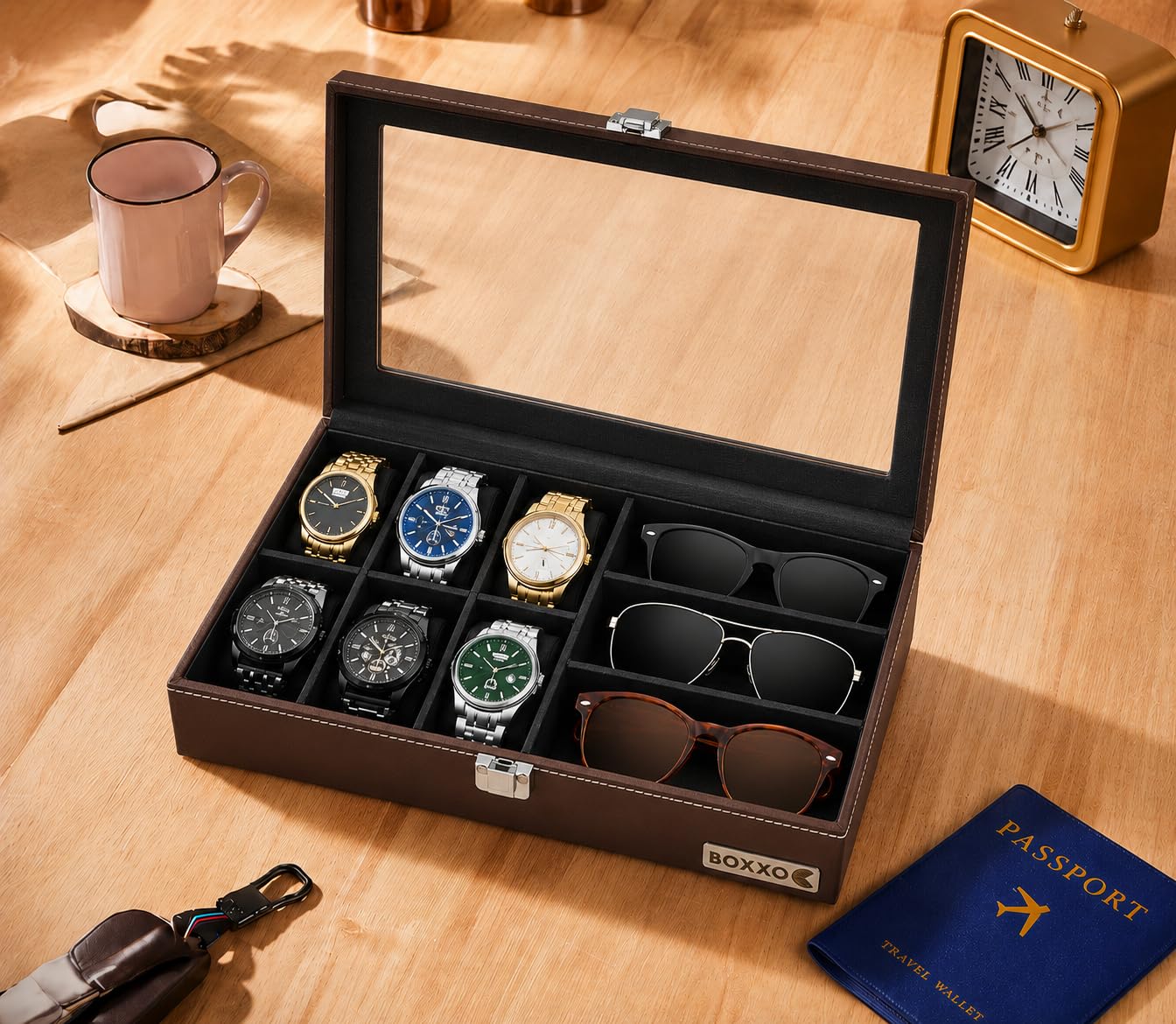 BOXXO Premium Organizer Box for 6 Watches & 3 Sunglasses – Elegant PU Leather Storage Case for Watches, Sunglasses & Accessories with Velvet Interior - 34x20x8cm (Brown & Black, 9 Slots)