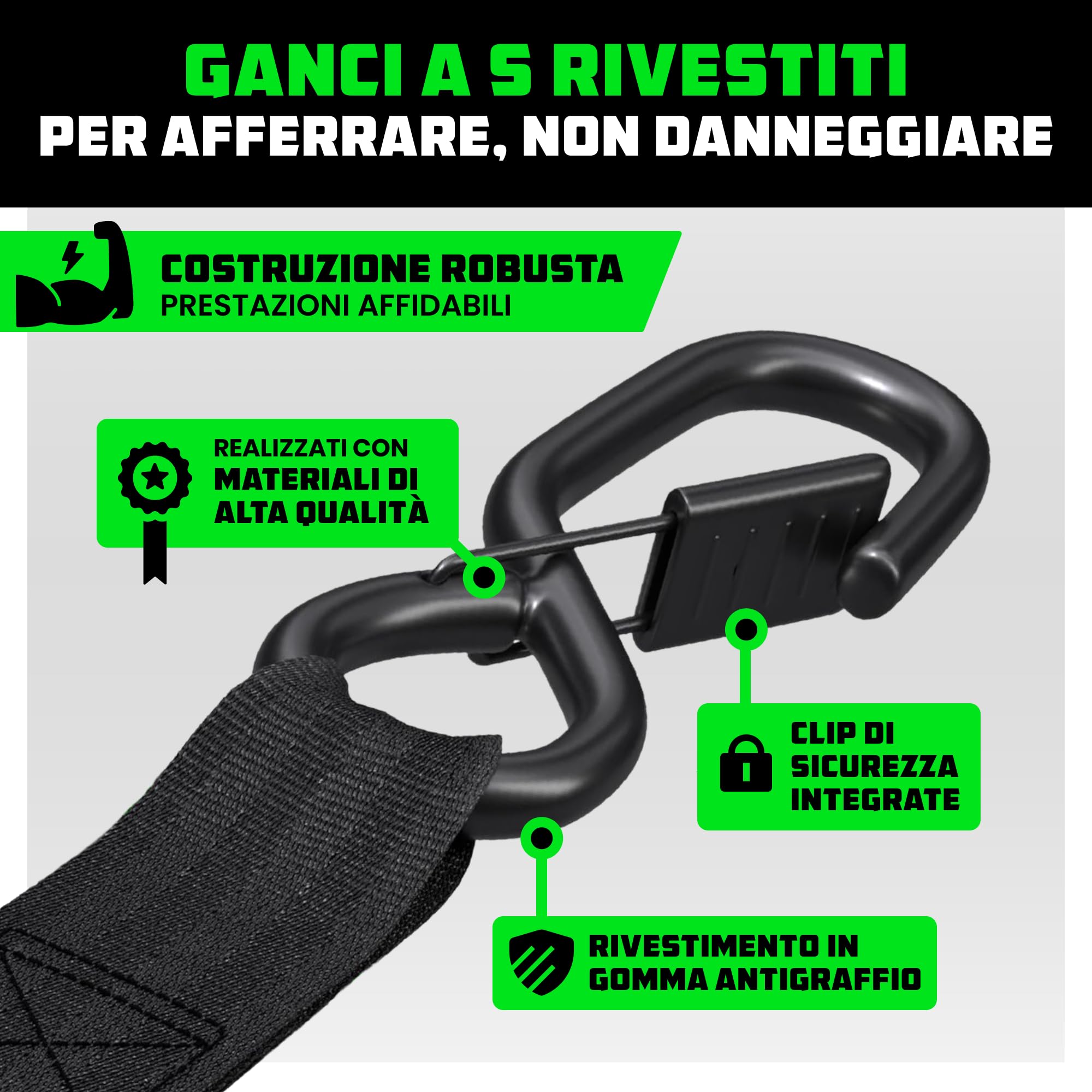 Cinghie a Cricchetto Rhino USA (4-Pack) - 2.5 cm x 4.6 m (800 kg di Resistenza alla Rottura) - Ganci a S di Sicurezza - Cinghie Premium per Camion, Carichi, Traslochi, Elettrodomestici - Nero