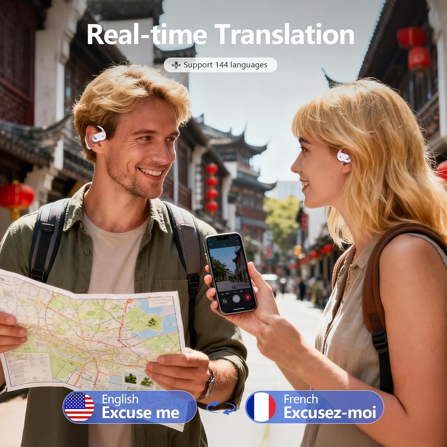 AI Translation Earbuds Real Time 144 Language Translator Earbuds, Audifonos Traductores Inglés Español, 3-in-1 Translating Device, Translate Ear Buds for Travel Business Learning with Charging Case - Image 4