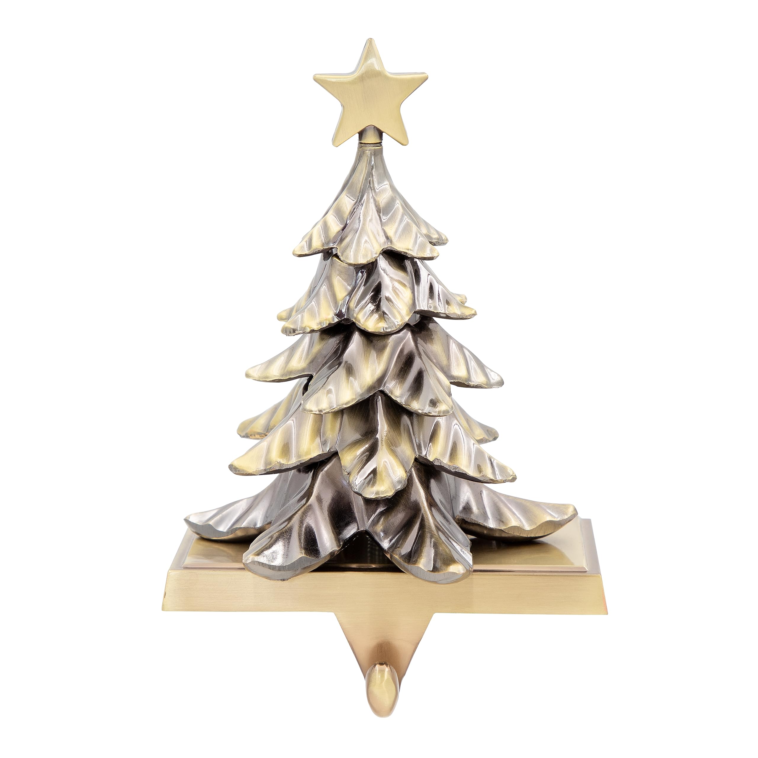 The Christmas Workshop Silver / Gold Stocking Holder/Antique Finish Hanger In Or Gold/Festive Decoration With Metal Hook And Weighted Base/Reindeer Or Christmas Tree (Gold Christmas Tree)