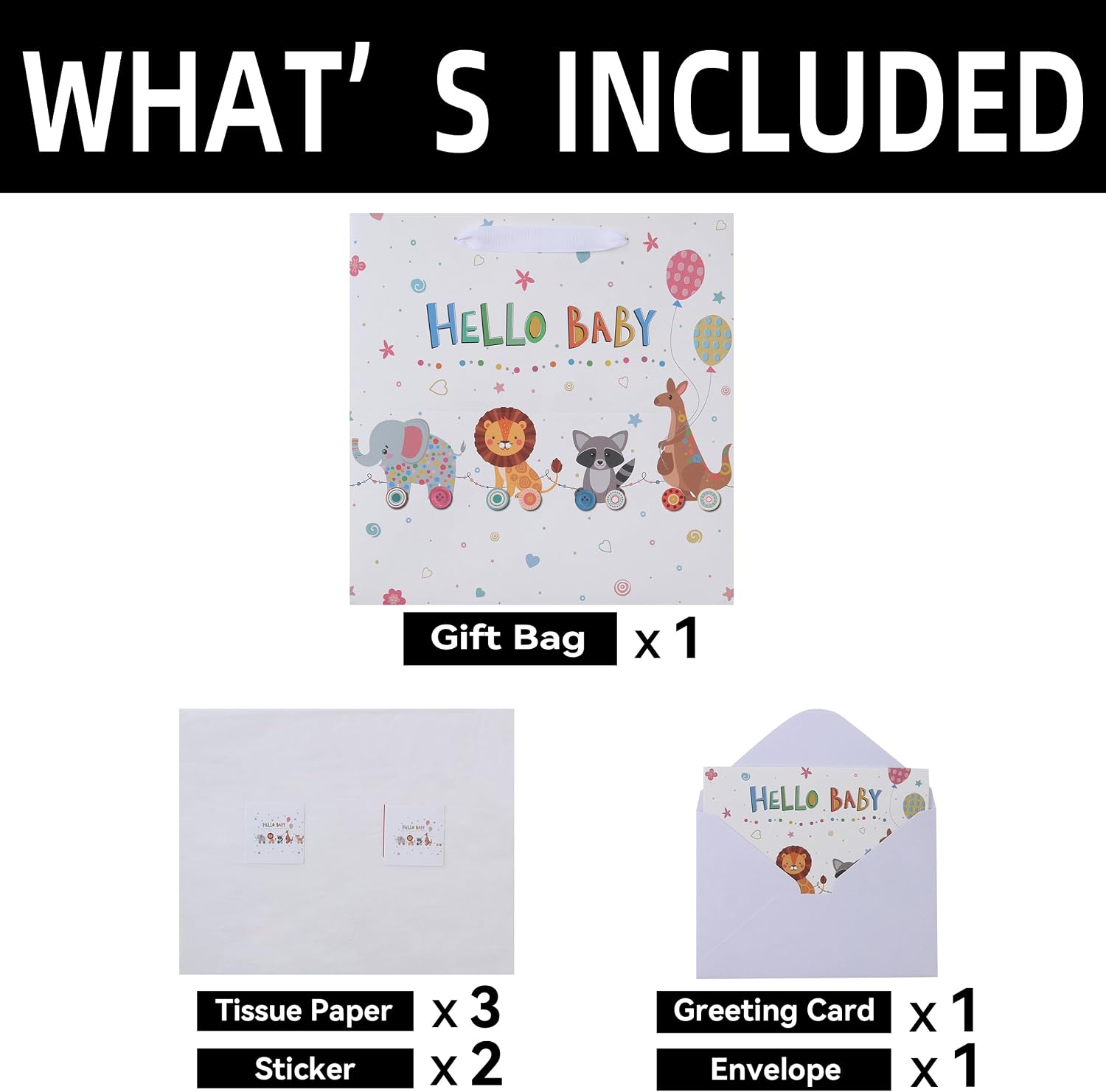 11.8'' Extra Large Square Baby Boy Girl Gift Bag Set with Handles, Greeting Card, Tissue Paper and Stickers for Baby Shower, Boys', Girls' Kids' Party, Newborn, 1st Birthday, Baby Animal Design, 1 Pcs image 3