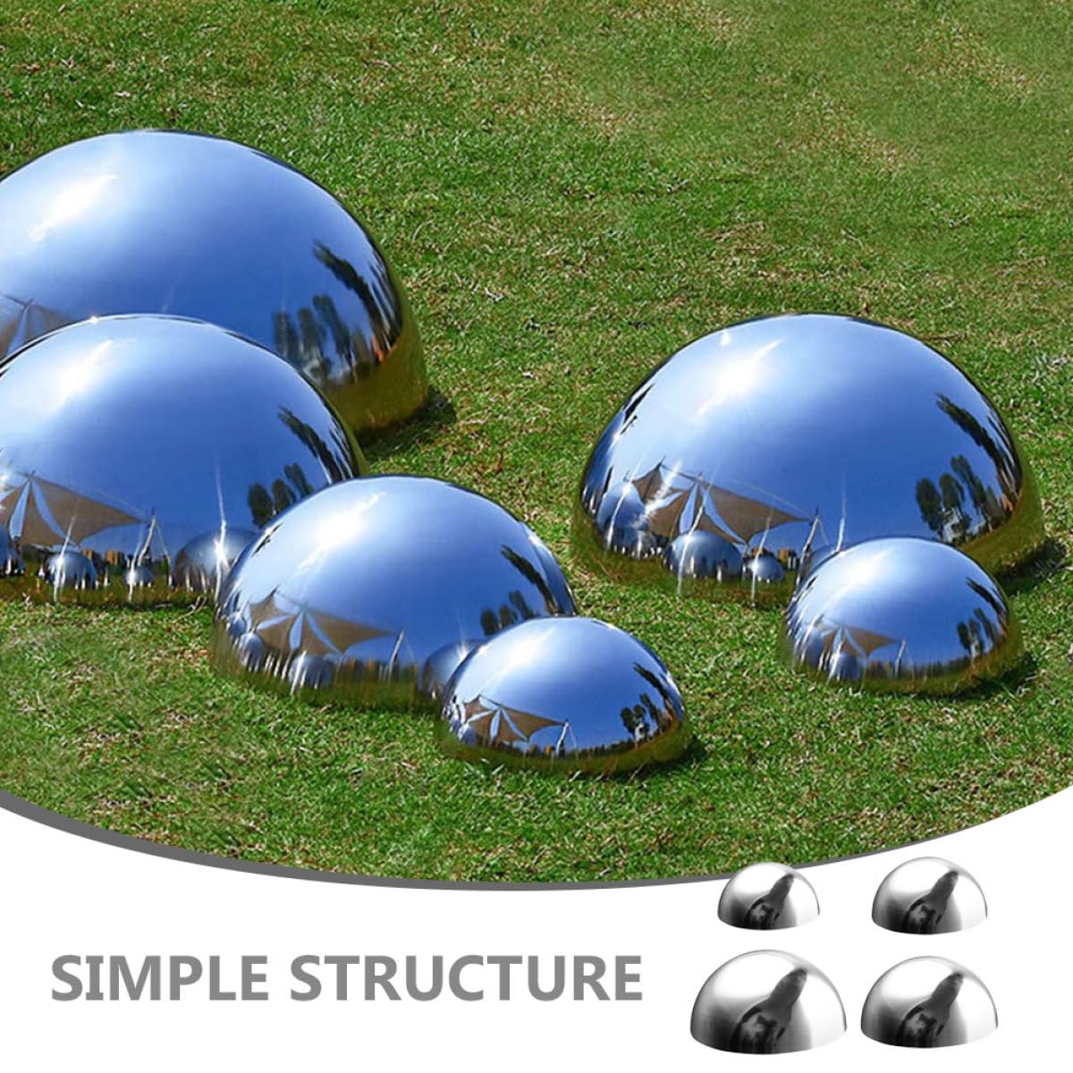 Alasum Juego de 4 Bolas Hemisféricas Reflectantes de Jardín en Acero Inoxidable Acabado Espejo Tamaños 63 CM 76 CM 114 CM y 16 CM Decoración Exterior para Patio y Jardín