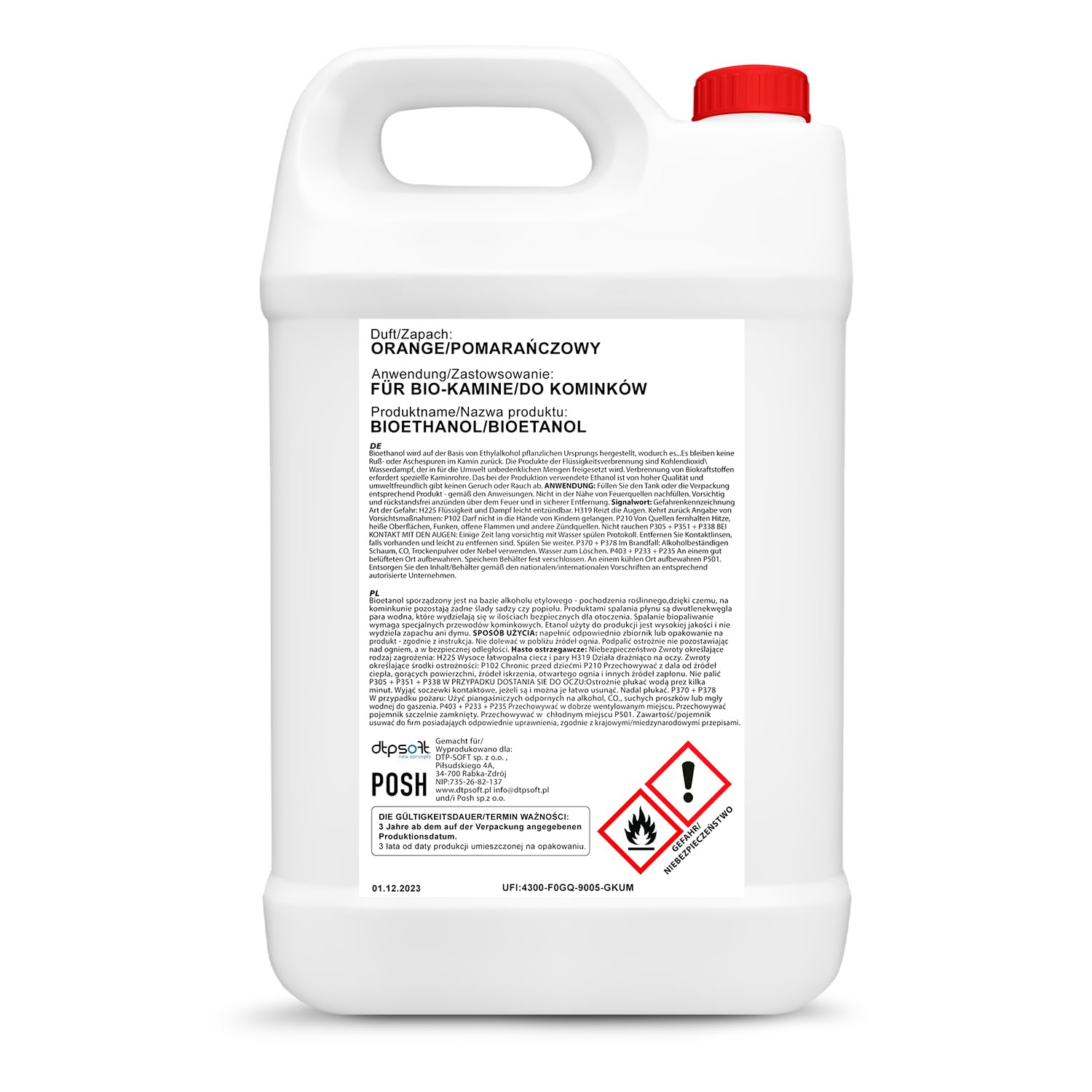 4x5 Liter Bioethanol Premium 100% fürAlkohol für Kamin (ORANGENDUFT, 20L)