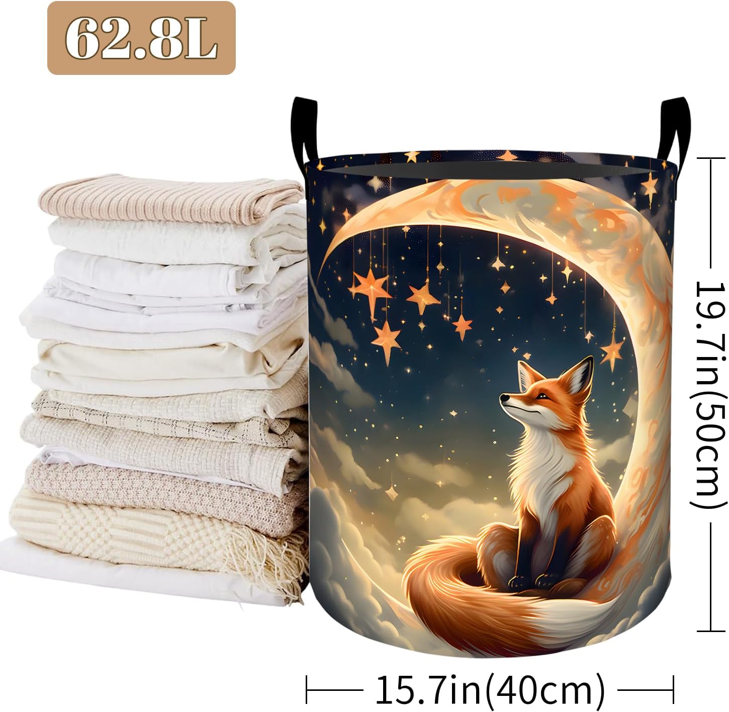 Dreamy Fox Laundry Basket, Crescent Moon Design Foldable Oxford Cloth, Waterproof Dirty Clothes Hamper with Handles, Clothing Storage Bucket Toy Organizer for Bathroom Bedroom Dorm, 19.7"x15.7"