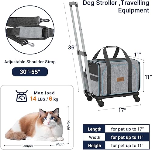 Miniatura 3 de WESTERN HOME WH Transportador de gatos con ruedas aprobado por aerolíneas, extraíble expandible para mascotas para cachorros y gatitos con mango