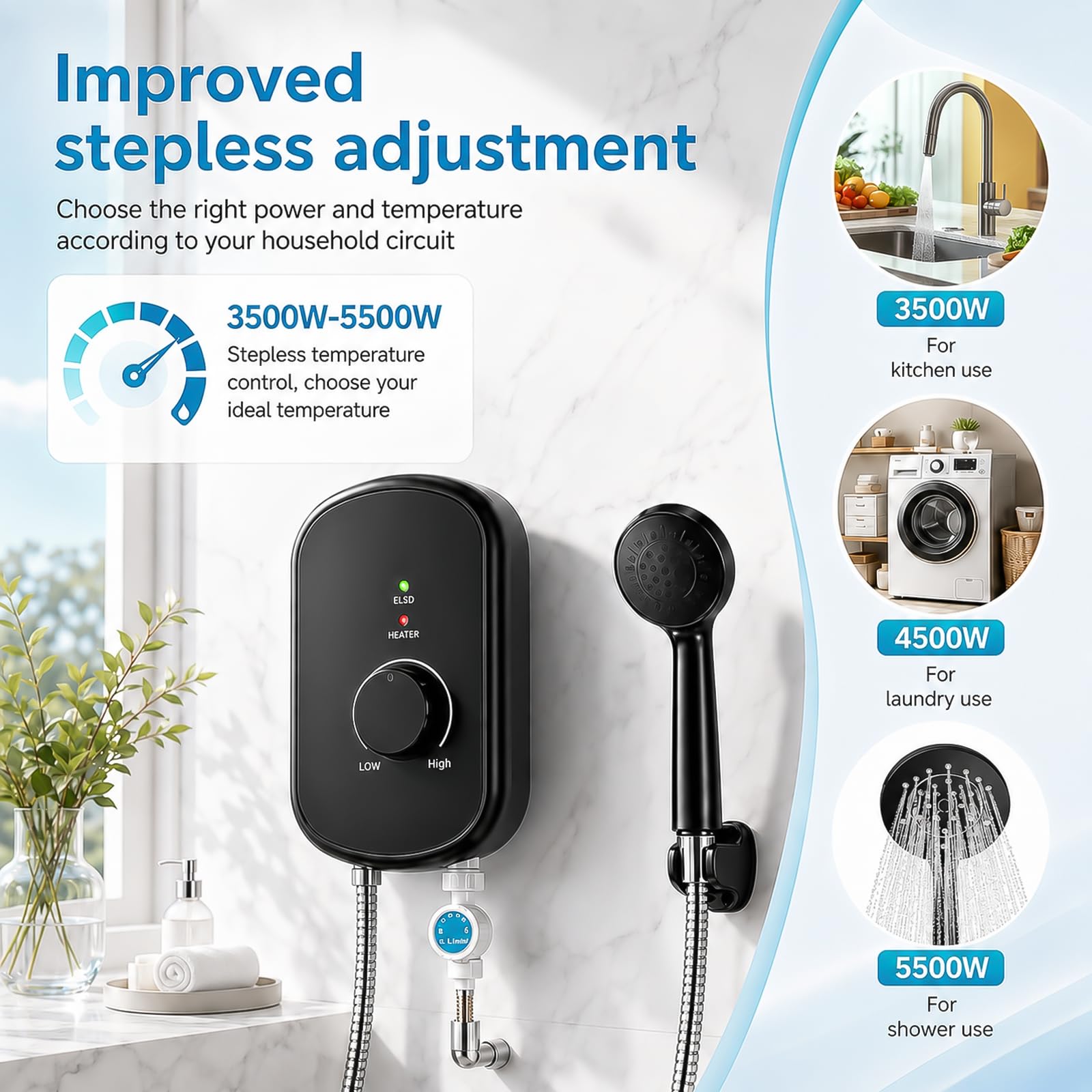 ‌Calentador de Agua Eléctrico Instantáneo 5500W 230V, Mini Ducha Eléctrica con Mandoo Giratorio 30-60°C, IPX4 Impermeable, Calentador Ducha Instantáneo para Baño, Cocina, Lavabo, Jardín‌