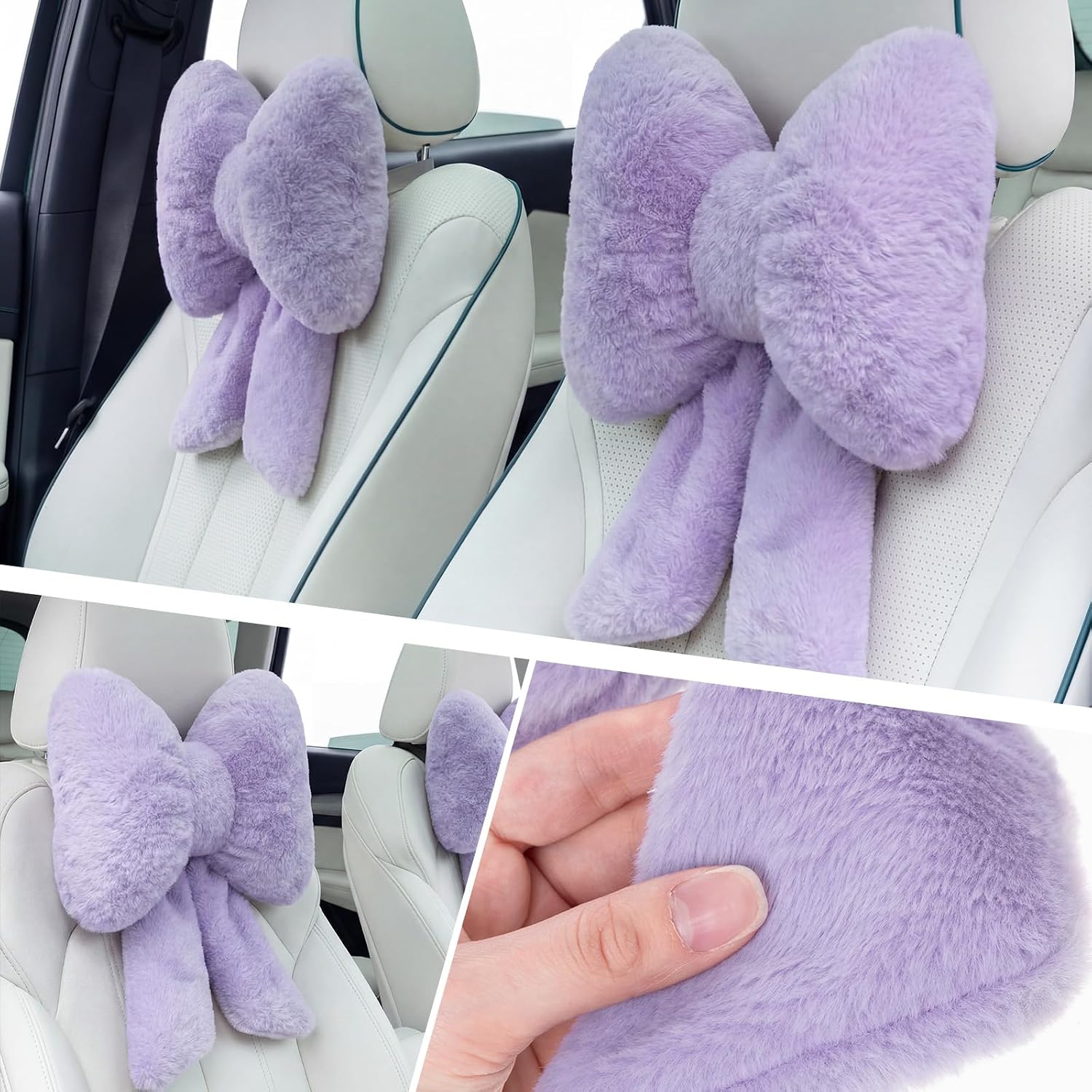 Macarrie 2 Pcs Purple Car Neck Pillow Plush Butterfly Bow Car Headrest Comfortable Pillow Seat Neck Support Cute Head Rest Accessories for Driving Travel Driver Chair Girl Interior Decor(Solid)