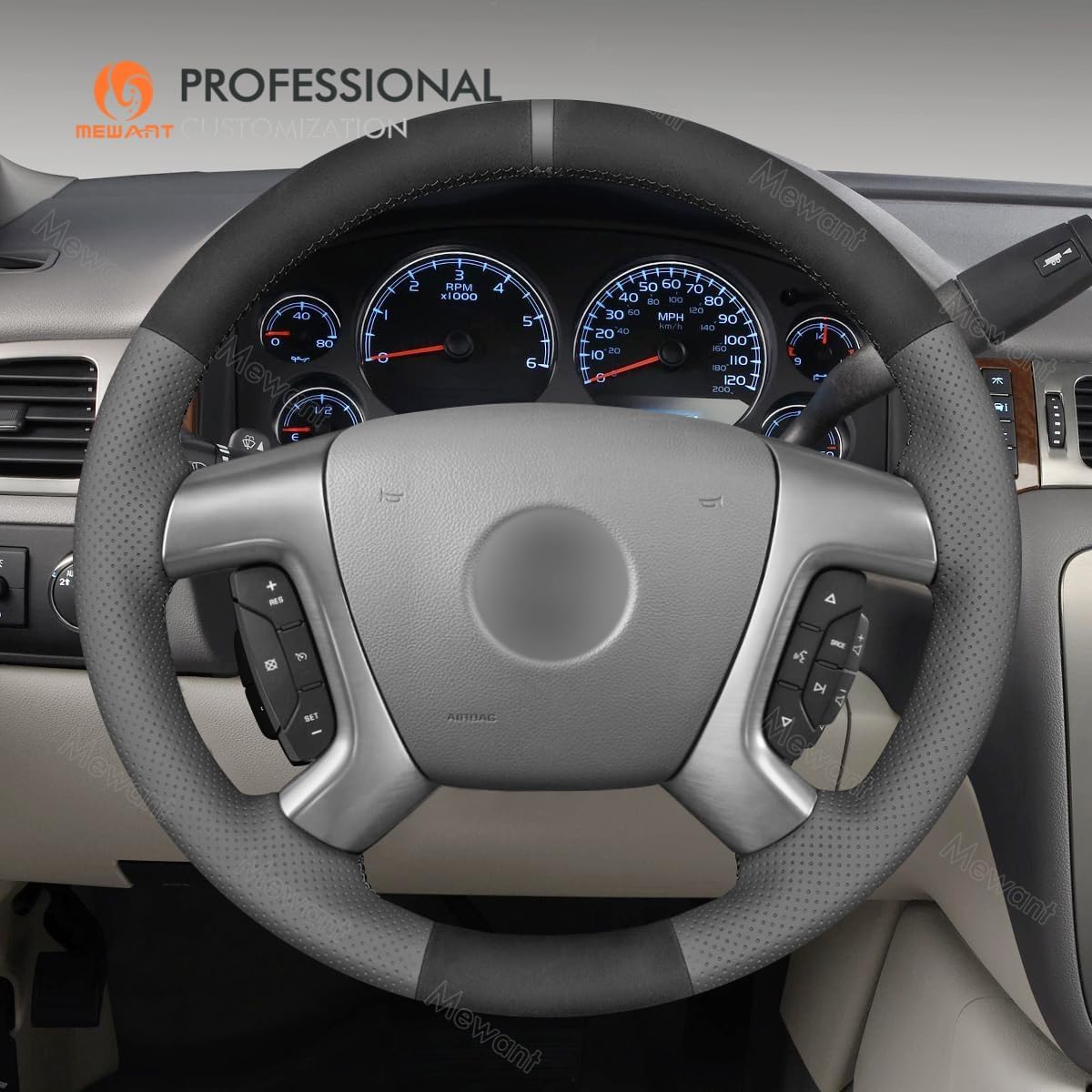 MEWANT Hand Sew Dark Gray Real Leather&Suede Car Steering Wheel Wrap Cover for Chevrolet Captiva 2007-2014 / Daewoo Winstorm/Silverado 2007-2013