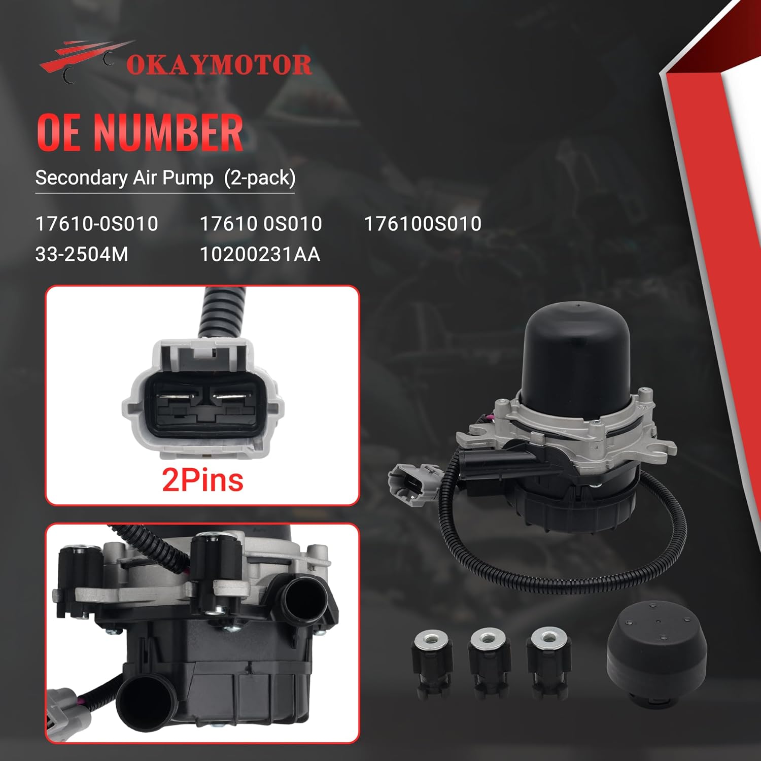OKAY MOTOR Secondary Air Pump (2-pack) for 2007 2008-2013 Toyota Tundra Land Cruiser Sequoia 2008-2013 Lexus LX570 4.6L 4.7L 5.7L 17610-0S010 10200231AA 33-2504M