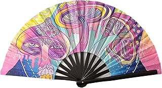 CYNMOON - Mushrooms - Large Rave Clack Folding Hand Fan for Men/Women - for EDM, Music Festival, Club, Event, Party, Dance, Performance, Decoration, Gift