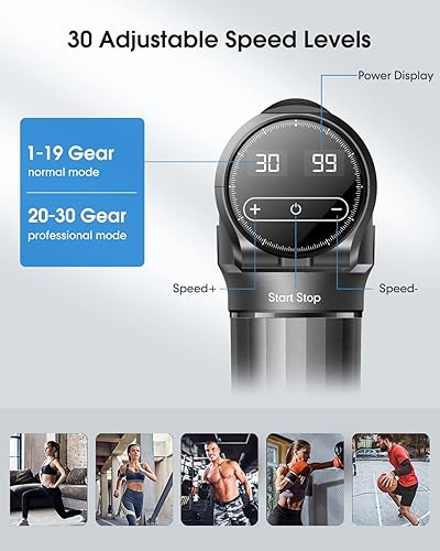 Miniatura 5 de Pistola de masaje de tejido profundo, potente pistola de masaje muscular de 30 velocidades con 6 cabezas, batería de 2600 mAh, carga tipo C y