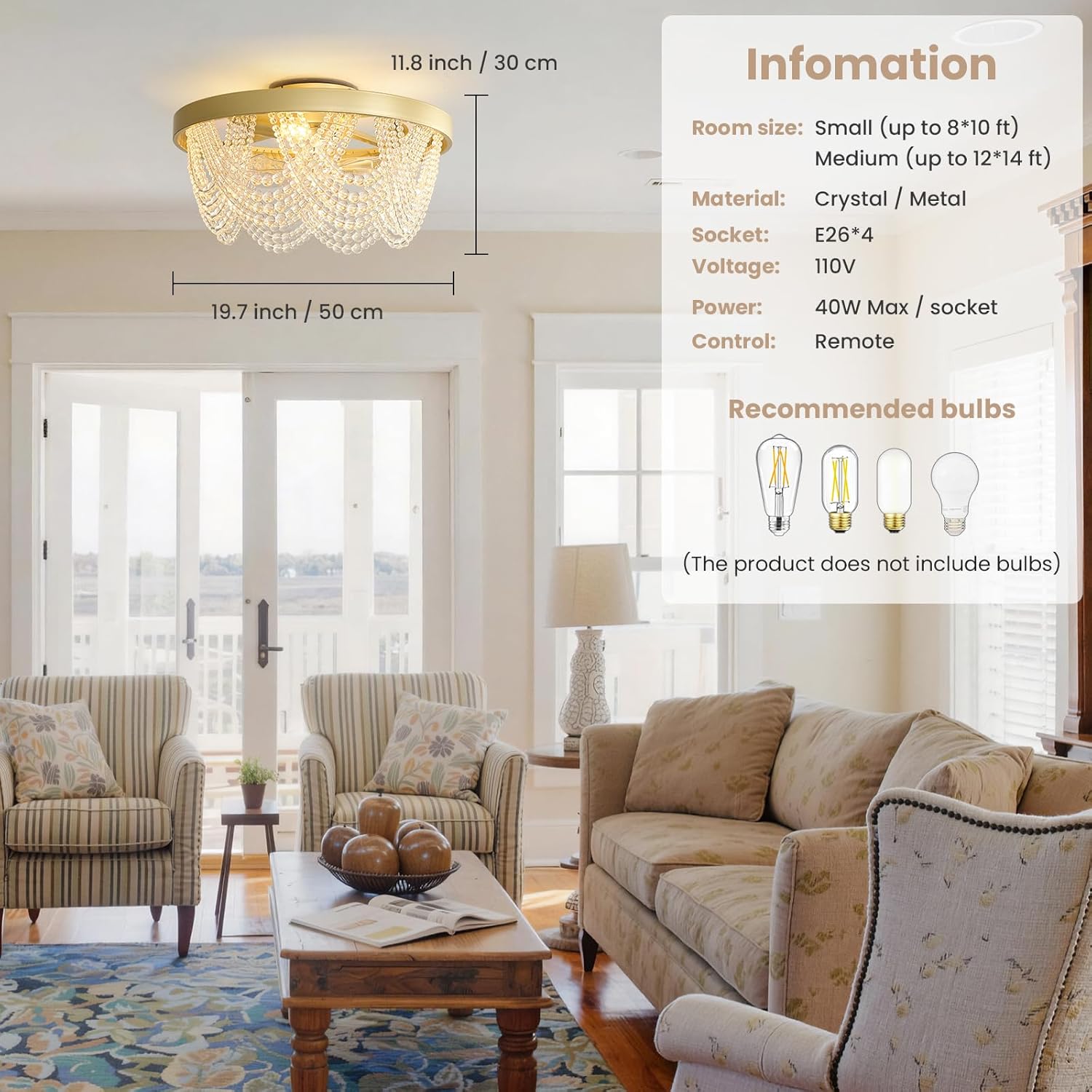 Crystal Caged Ceiling Fans with Lights Flush Mount, 20 inch Crystal Fandelier Ceiling Fan with Light and Remote, Chandelier Modern with Lights for Bedroom, Dining Room, Living Room