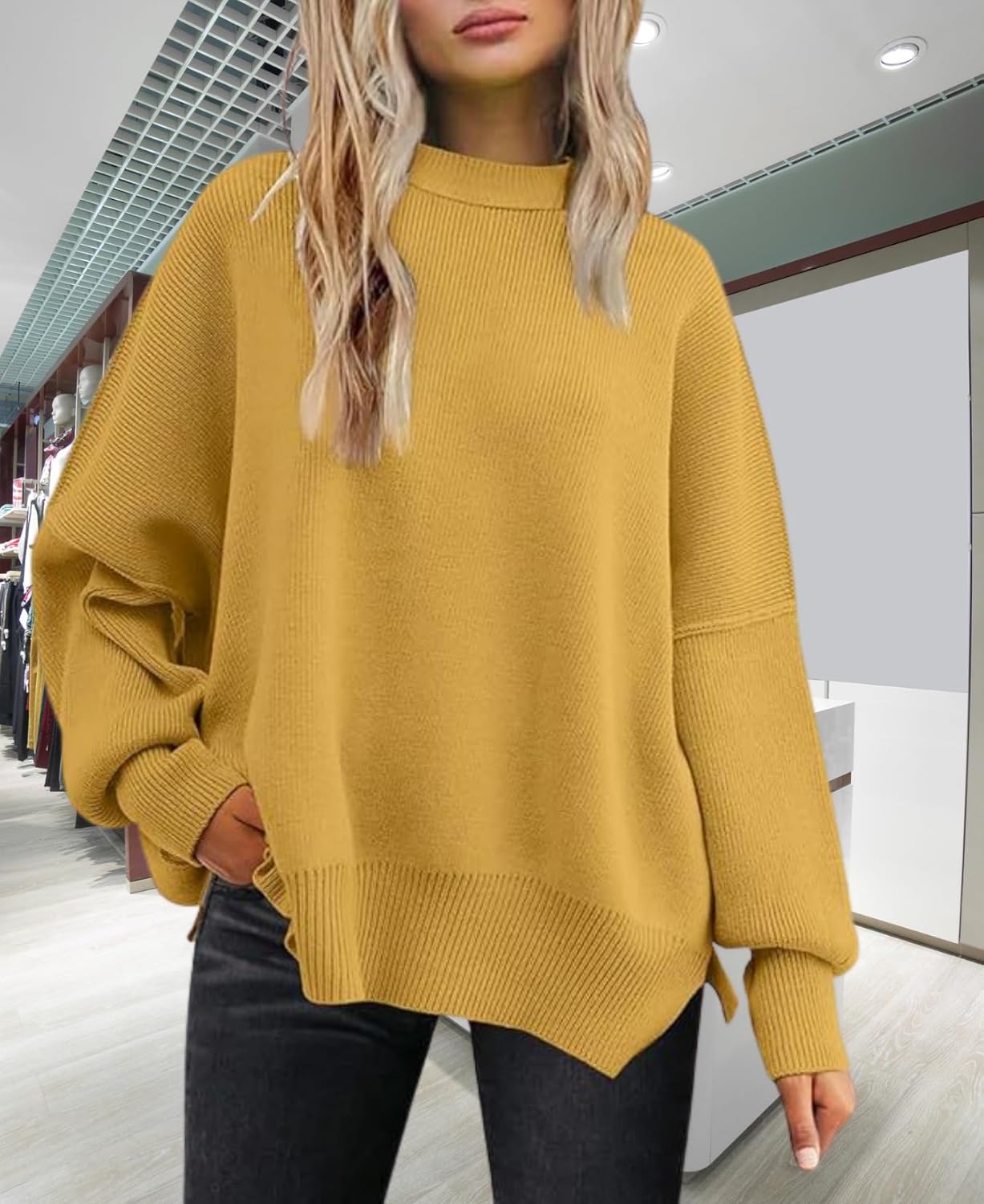 Women's Batwing Sweater Oversized Knit Pullover with Side Slits Fall Casual Crewneck Top for Fashion Outfits - Image 4