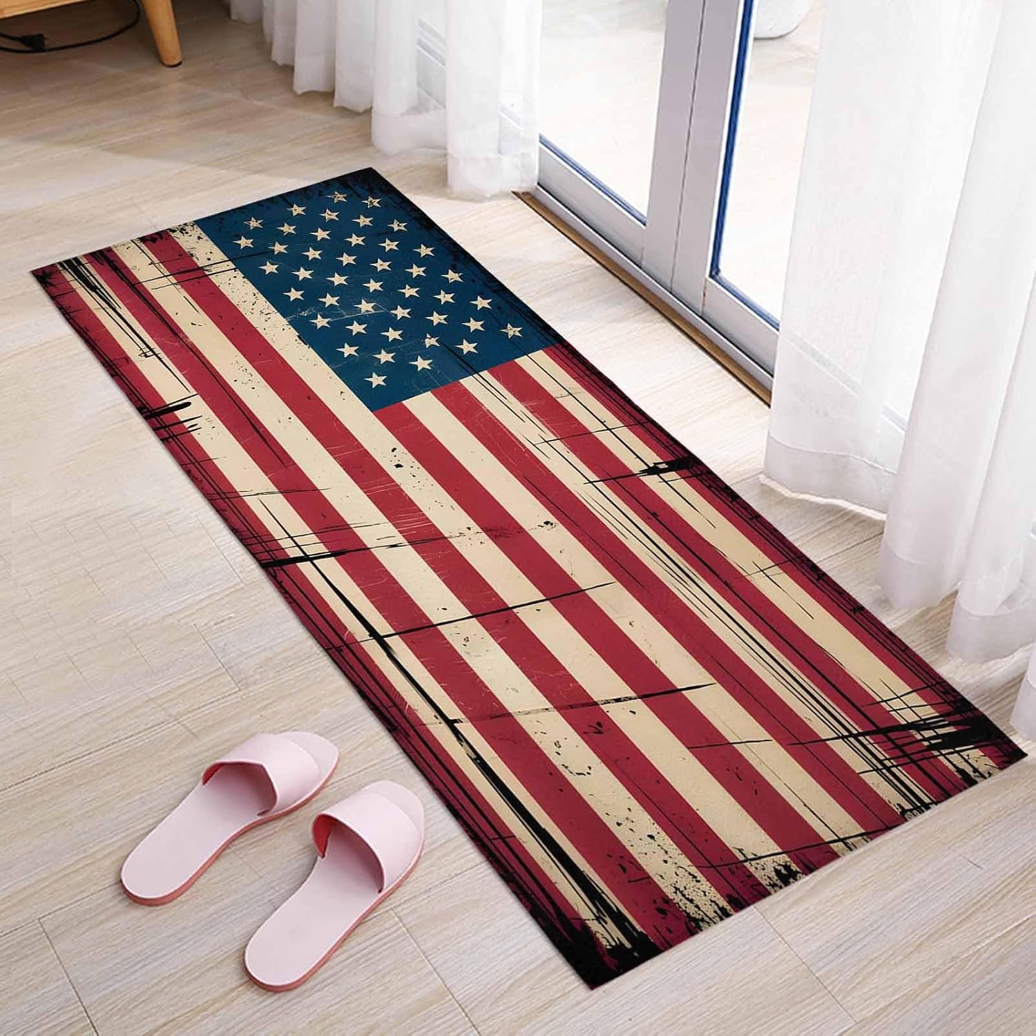 Teamery Kitchen Mats for Floor 250th Anniversary Flag Washable Non Slip Kitchen Rugs 1PCS, Rustic Star Stripe Background Absorbent Standing Mats for Sink Bathroom Office Living Room 23.6x70.9in