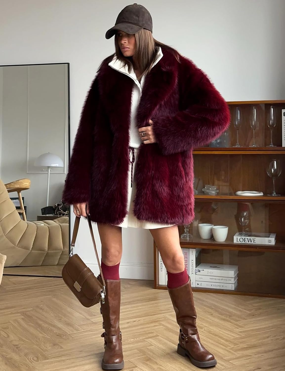 COZYPOIN Womens Faux Fur Coats Warm Mid Long Furry Jackets Long Sleeve Lapel Winter Fluffy Outerwear Shaggy Parka Coat - Image 4