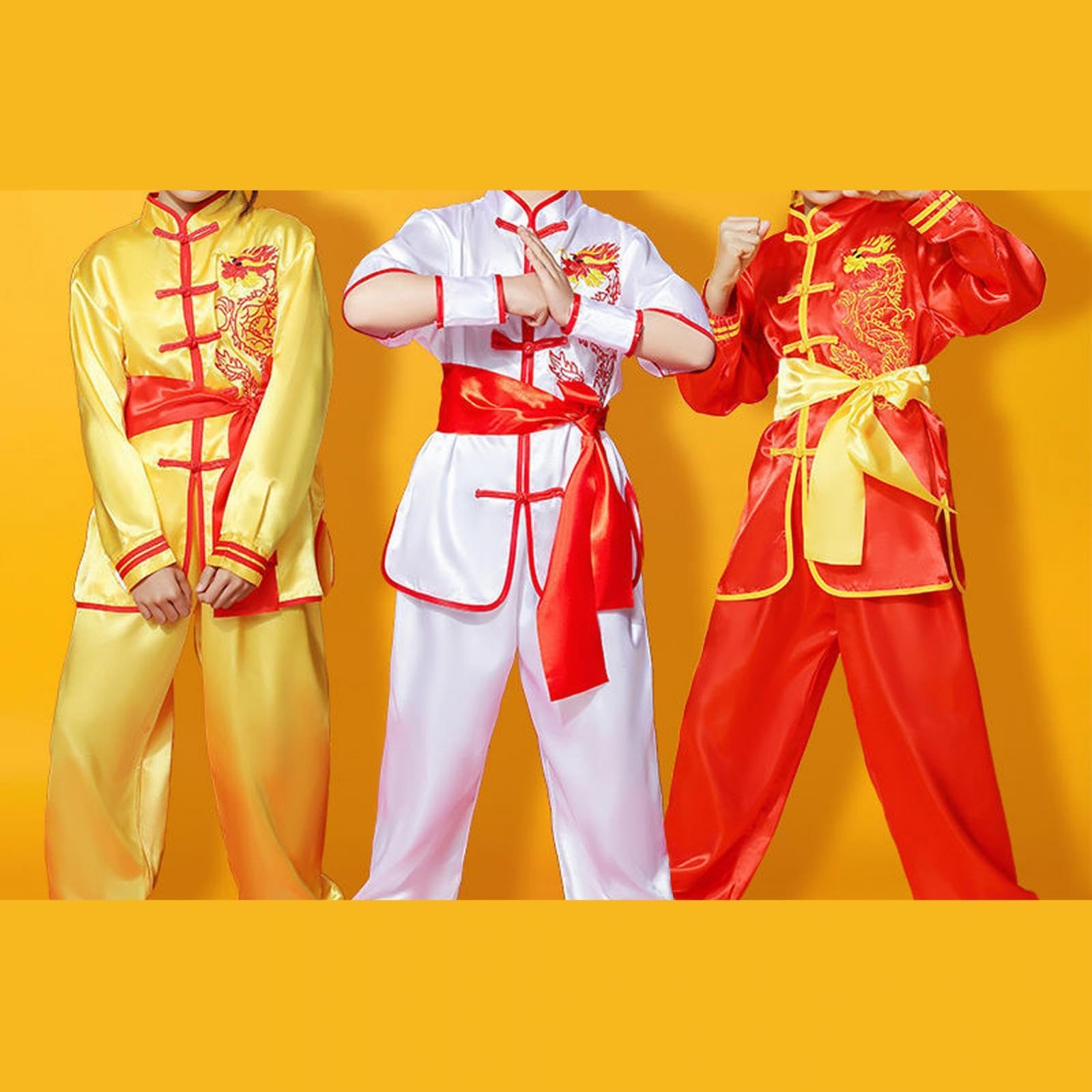 Geardeangloow Traditionelles chinesisches Wushu-Kostüm für Erwachsene, Kinder, Damen, Jungen, Mädchen, Gelb, 110 cm, 110 cm