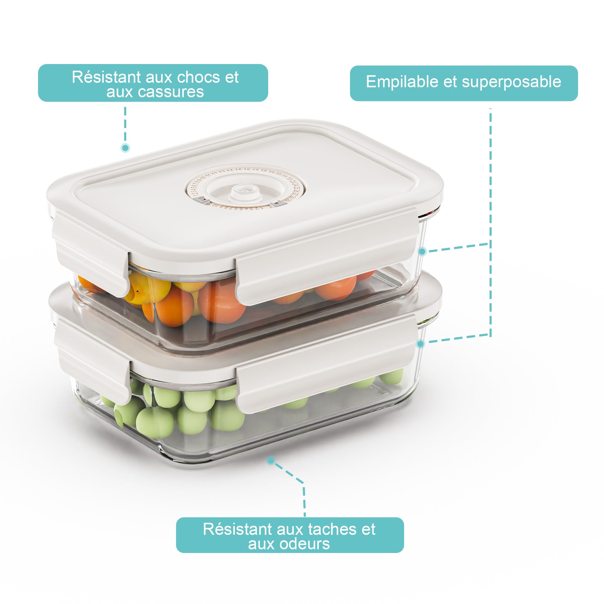 Set di 4 Contenitori Alimentari Ermetici in Vetro con Pompa a Vuoto - Indicatore di Data Integrato - Senza BPA, Anti-Odore - Per Forno, Microonde, Lavastoviglie e Congelatore (L)