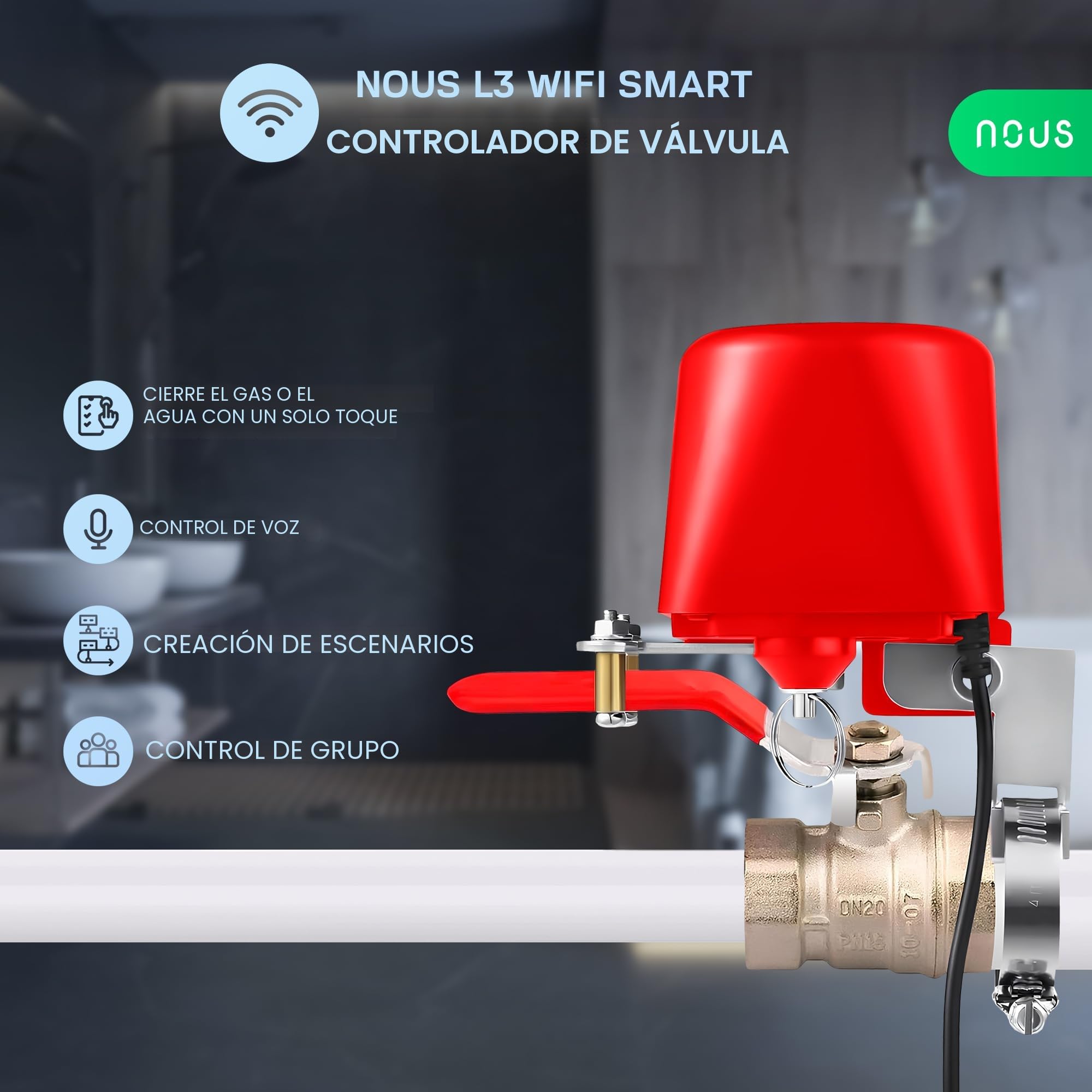 NOUS L3 Wifi Válvula de Agua Eléctrica, Google Assistant, Alexa Compatible, NOUS Smart Home App, TUYA smart life, Temporizador Riego Jardín Inteligente, Válvula de Agua 2,4 GHz WiFi.