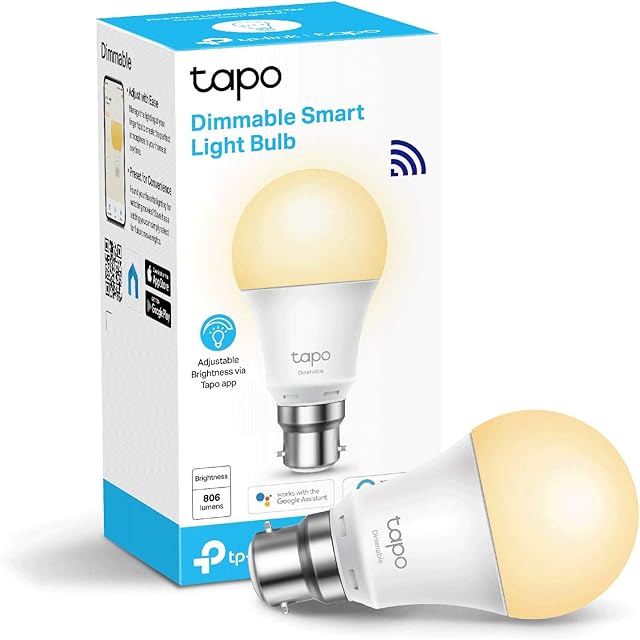 TP-Link Tapo Smart Bulb, Smart Wi-Fi LED Light, B22, 8.7W, Energy saving, Works with Amazon Alexa and Google Home, Dimmable Soft Warm White, No Hub Required (Tapo L510B) [Energy Class F]