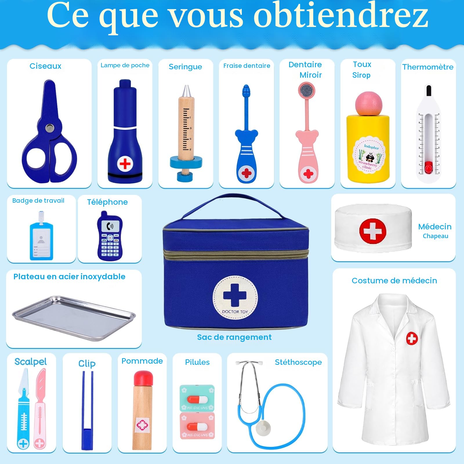 Malette Docteur Enfant, avec Véritable Stéthoscope, Thermomètre, Blouse de Médecin et Sac de Médecin Portable, Adapté Malette Docteur Enfant 3 Ans