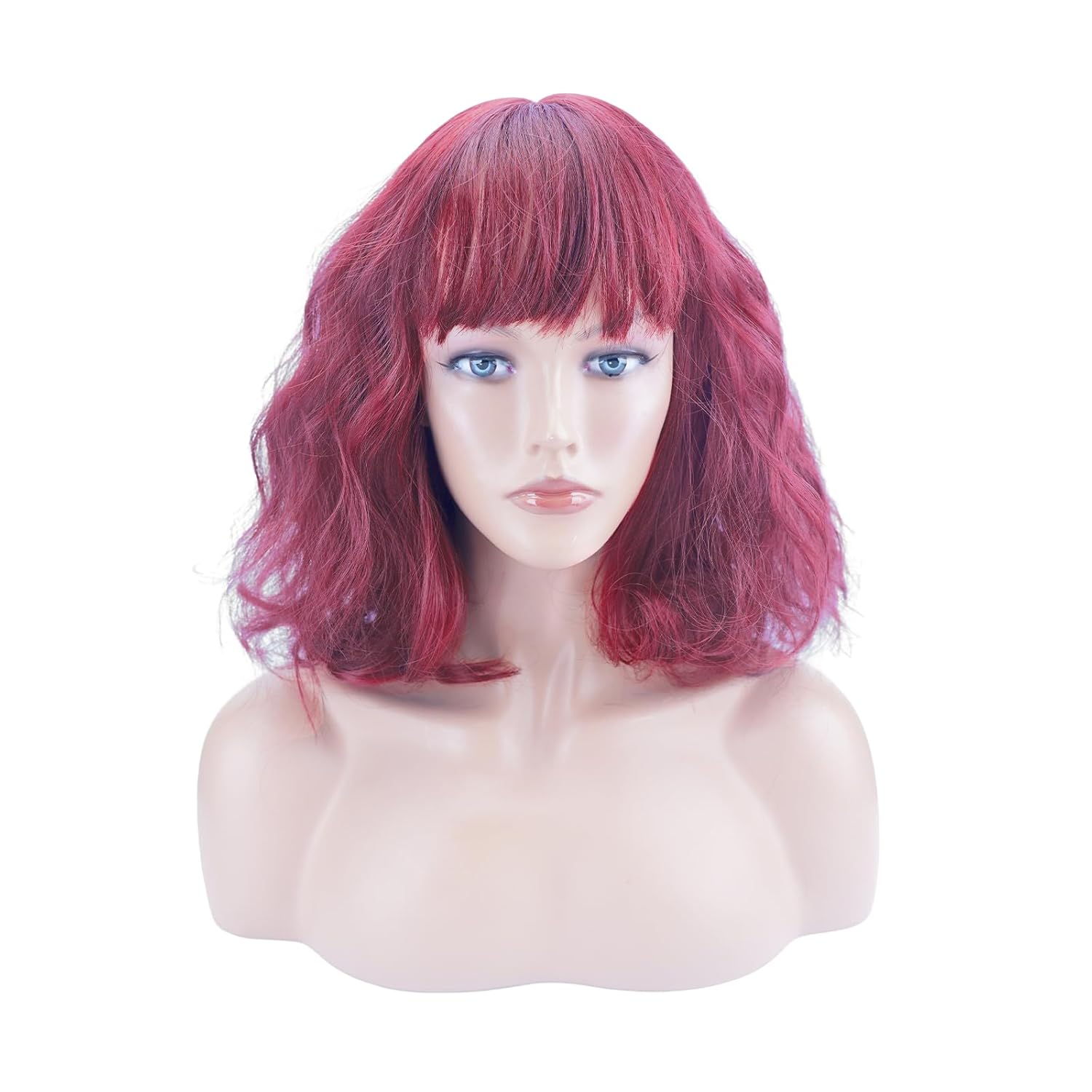 FREE BEAUTY Short Wavy Wine Red Wig with Bangs - Short Wine Red Bob Wigs for Women - Curly Wavy Textured French Bob Wig with Bangs Soft Synthetic Natural Looking Face-Framing Daily-12 Inches