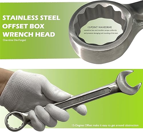 Miniatura 4 de WEDO Llave combinada de acero inoxidable, caja de doble extremo de 12 puntos, extremo abierto 0.512 in, desplazamiento de 15 grados, longitud 6.890