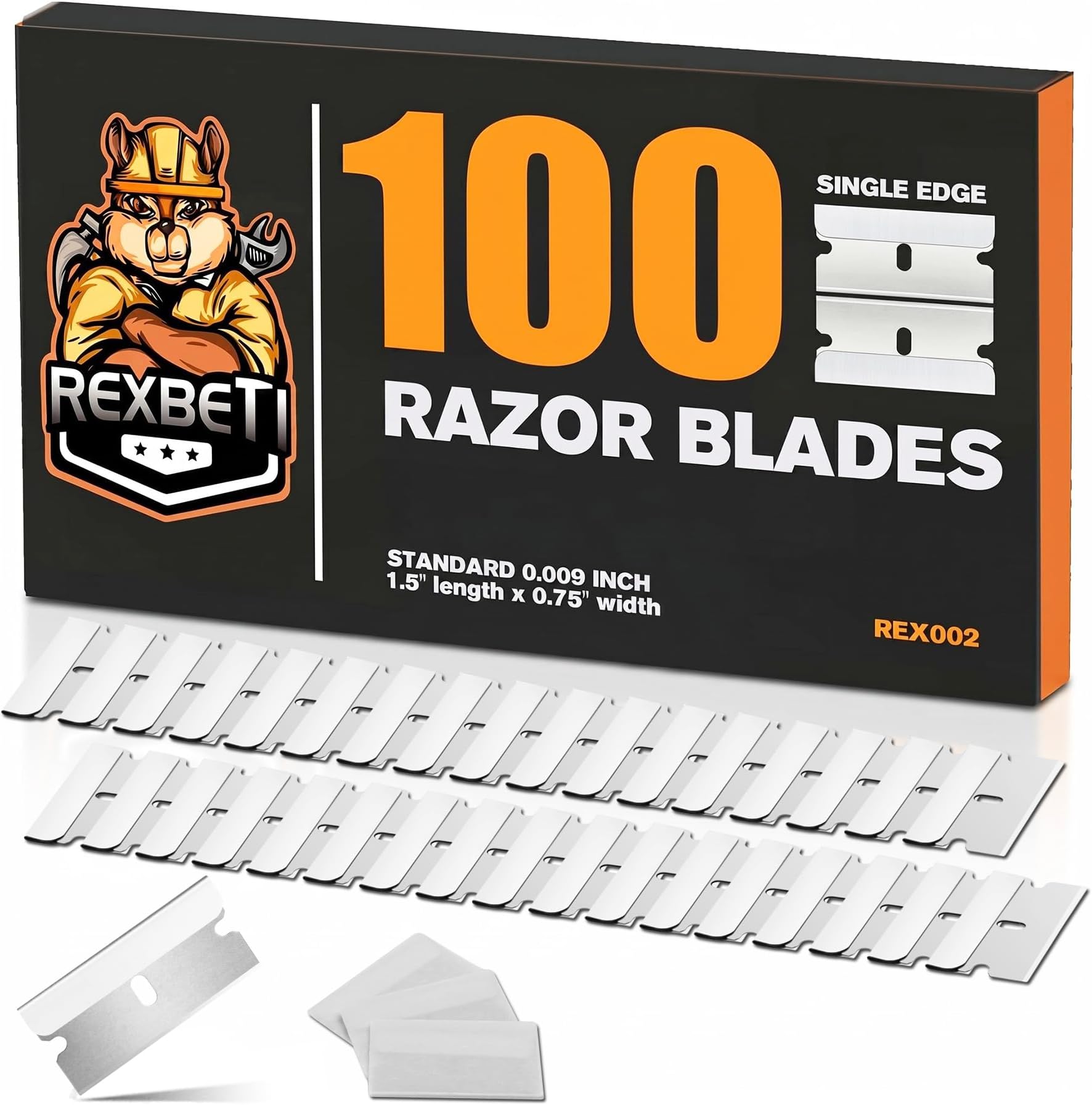 REXBETI 100PCS Single Edge Razor Blades, Industrial Razor Blades for Scraper, Suitable for Removing Labels, Decals, Stickers and Old Paint