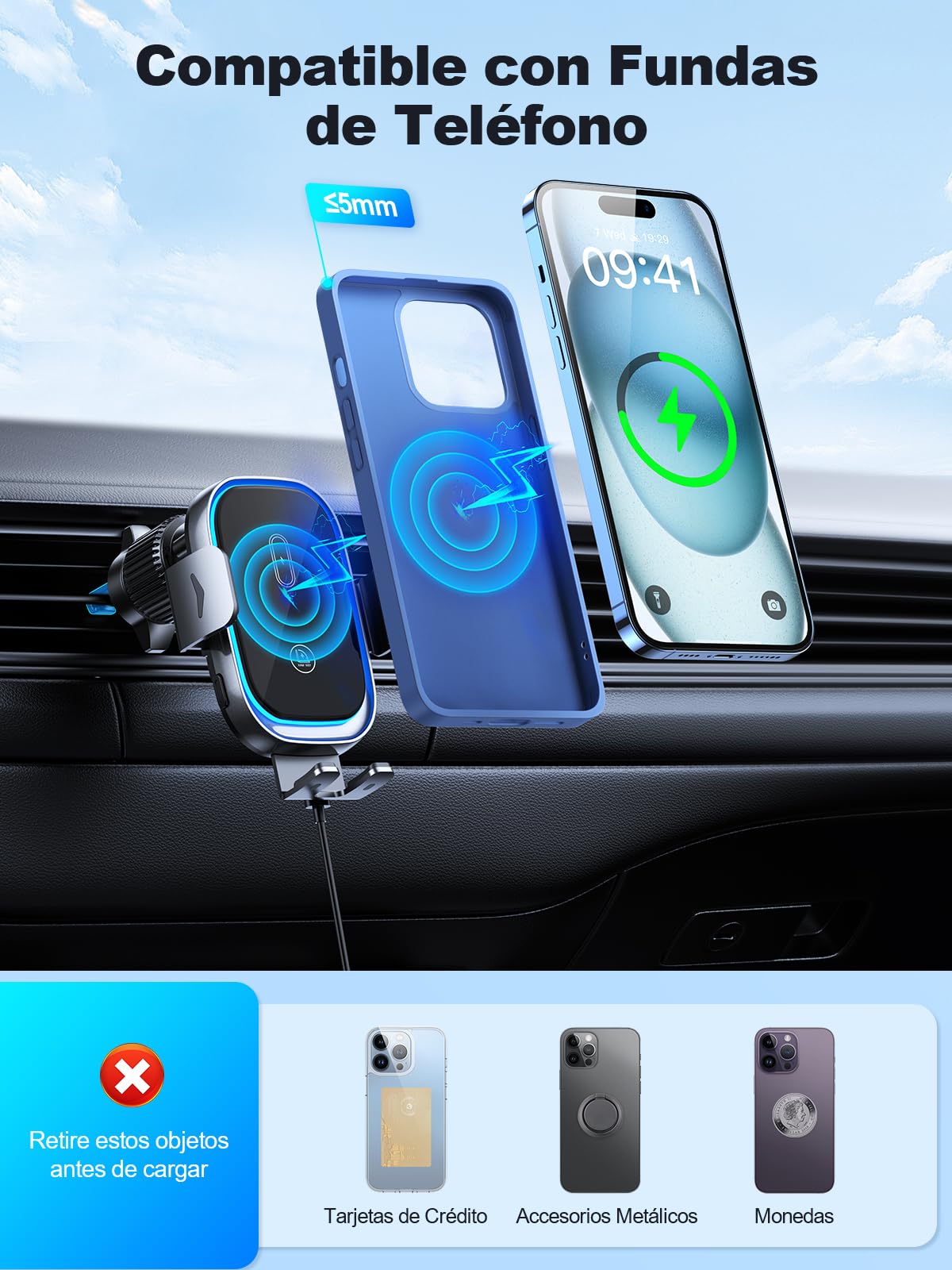 Mohard Cargador Inalámbrico Coche [Sujeción Automática], 15W Inducción Carga Rápida Soporte Movil Coche con Cargador Coche, Compatible con iPhone 17/16/15/14/13/12/11, Galaxy ZFlip5/4/3/S25