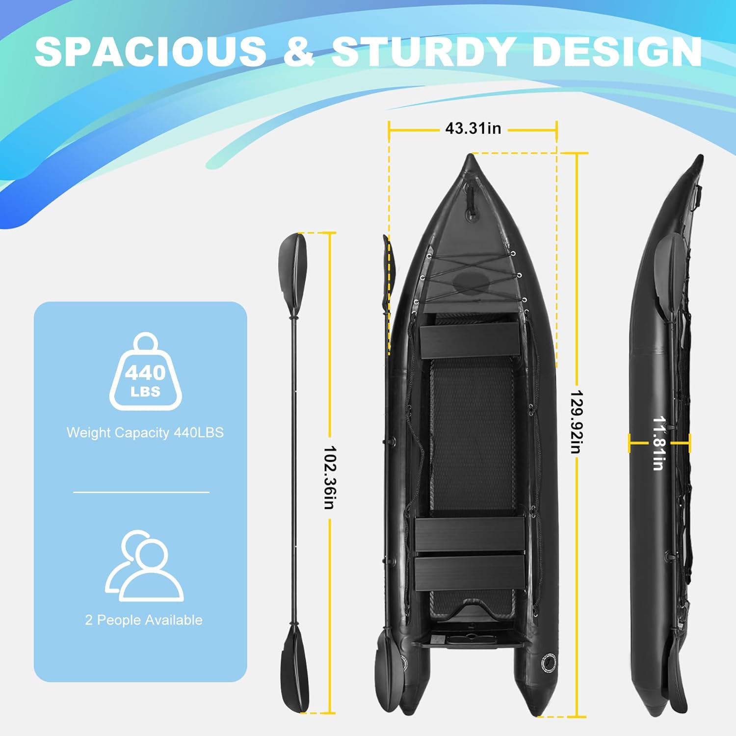Oryxearth 10.8FT Inflatable Dinghy Boat for 2 Adults, with 440lb Capacity&Double Aluminum Bench Seats, Motor Mount, Heavy-Duty PVC Fishing Raft w/Paddle&Pump, Black