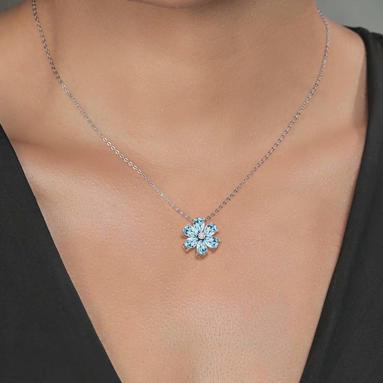 Gem Stone King Gemstone Birthstone and Lab Grown Diamond Flower Pendant Necklace For Women | 925 Sterling Silver and 10K Yellow Gold | Pear Shape 6X4MM | With 18 Inch Chain