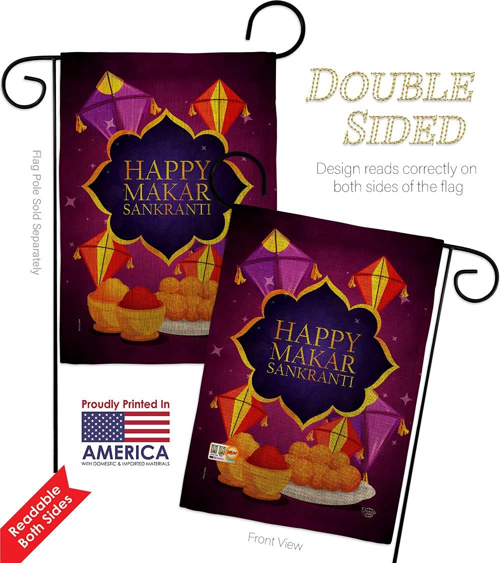 Happy Makar Sankranti Burlap Burlap Garden Flag Set Wall Holder Celebration Uttarayan Maghi Festival Day Kite Flying Bonfires Small Decorative Gift Yard House Banner Double-Sided Made In USA 13 X 18.5