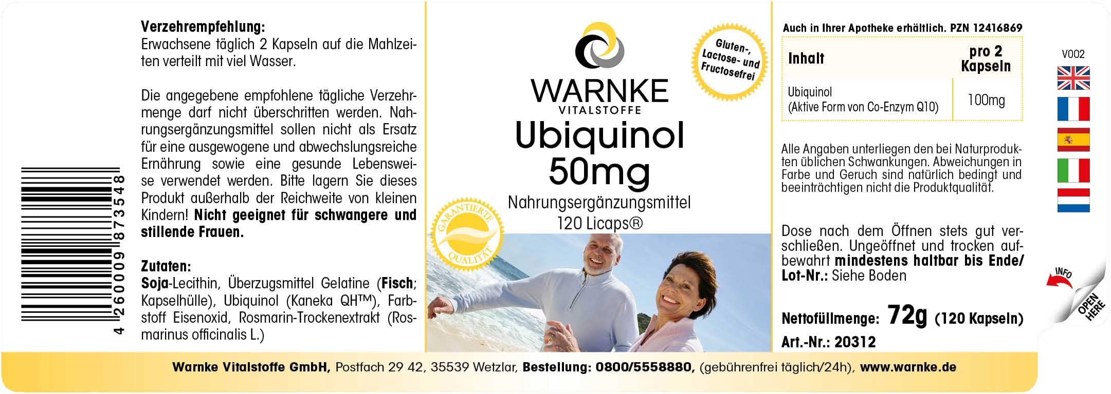 Ubiquinol Kaneka QH - 120 Kapseln - Coenzym Q10 aktive Form - hochdosiert | Warnke Vitalstoffe - Deutsche Apothekenqualität