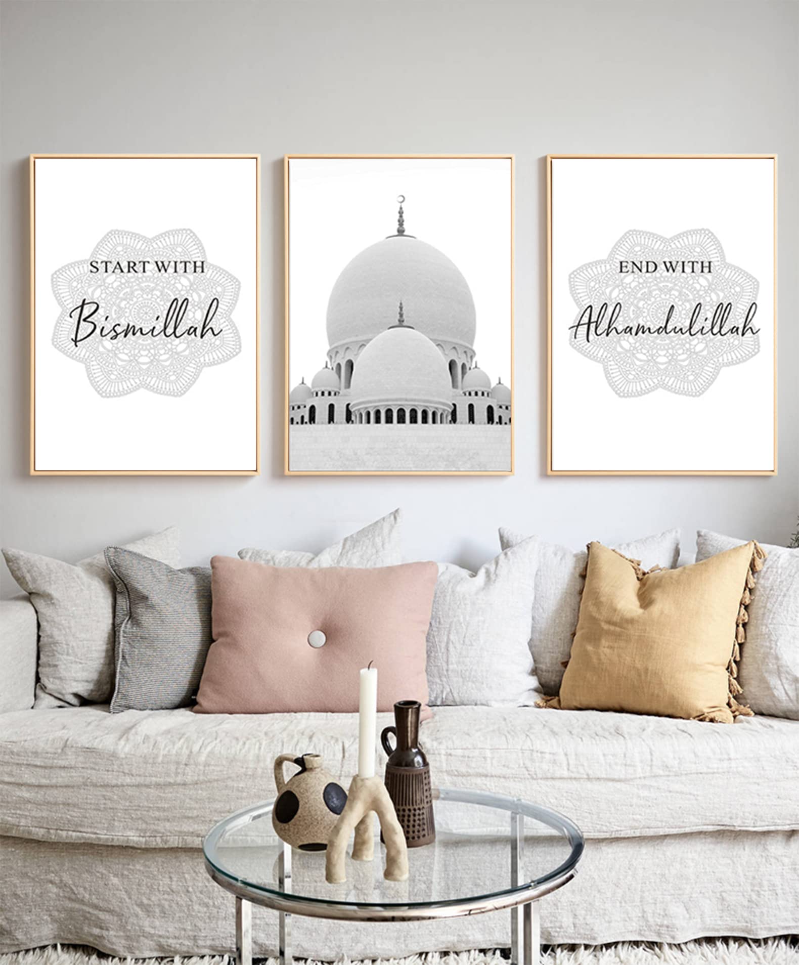 ERTLKP Islamic Pictures Arabic Decoration, Pattern Made of White Marble Islamic Painting Arabic Calligraphy Wall Art Pictures, No Frame (Style 1.30 x 40 cm x 3)